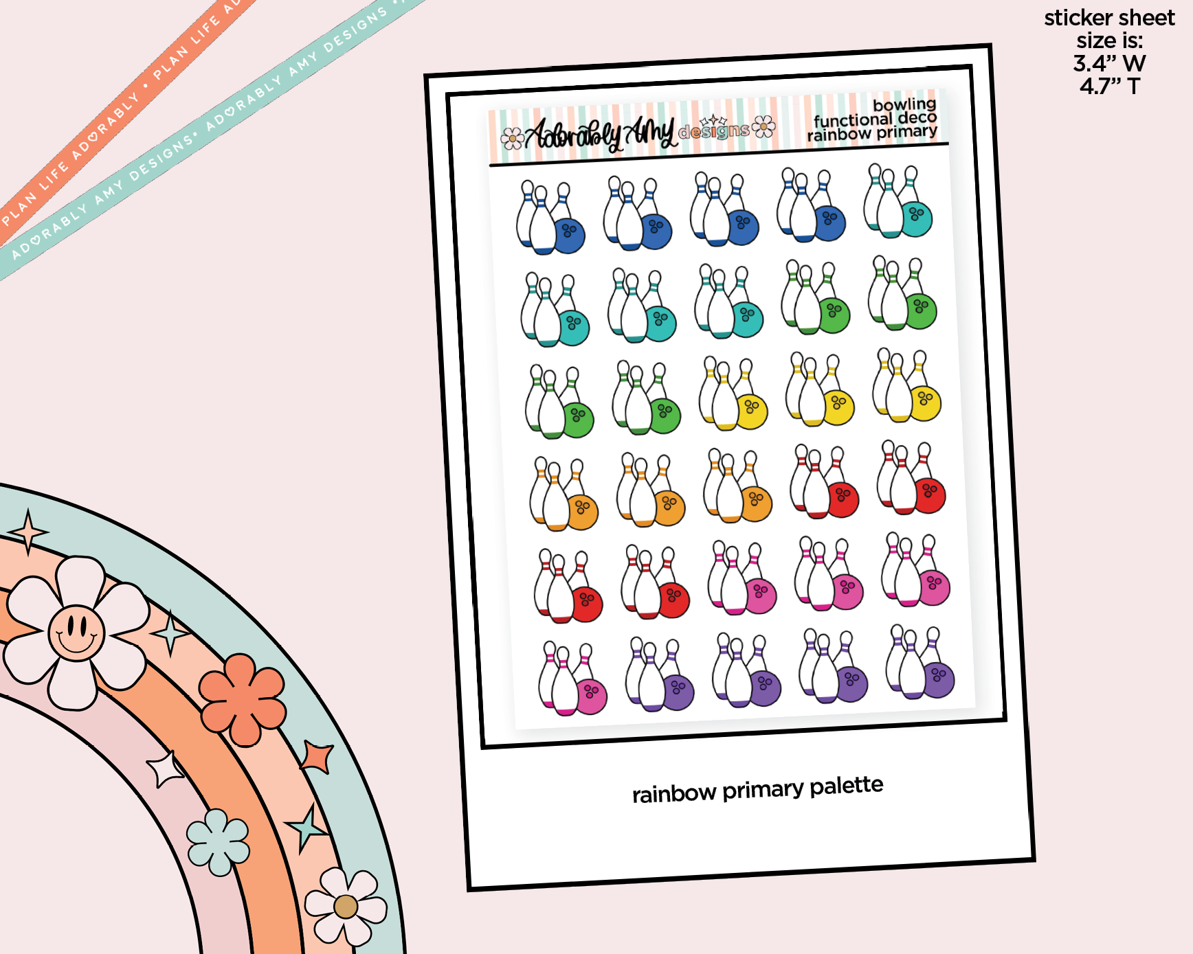 Rainbow Bowling Pins Doodled Icon Stickers - Adorably Amy Designs