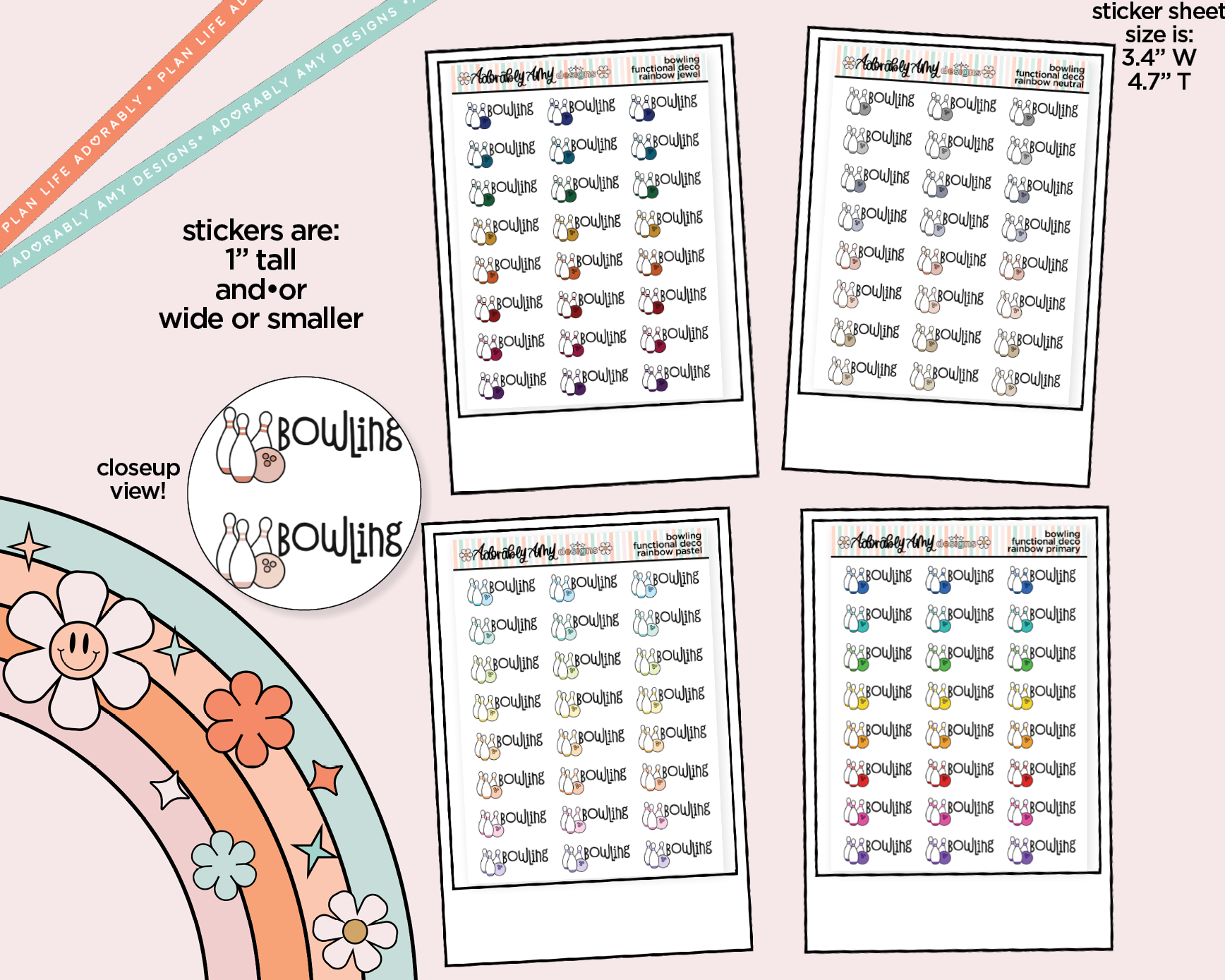 Rainbow Go Bowling Doodled Functional Typography Stickers - Adorably Amy Designs