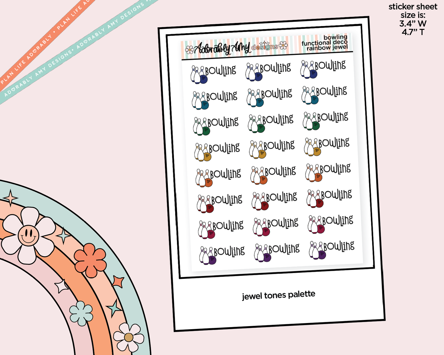 Rainbow Go Bowling Doodled Functional Typography Stickers - Adorably Amy Designs