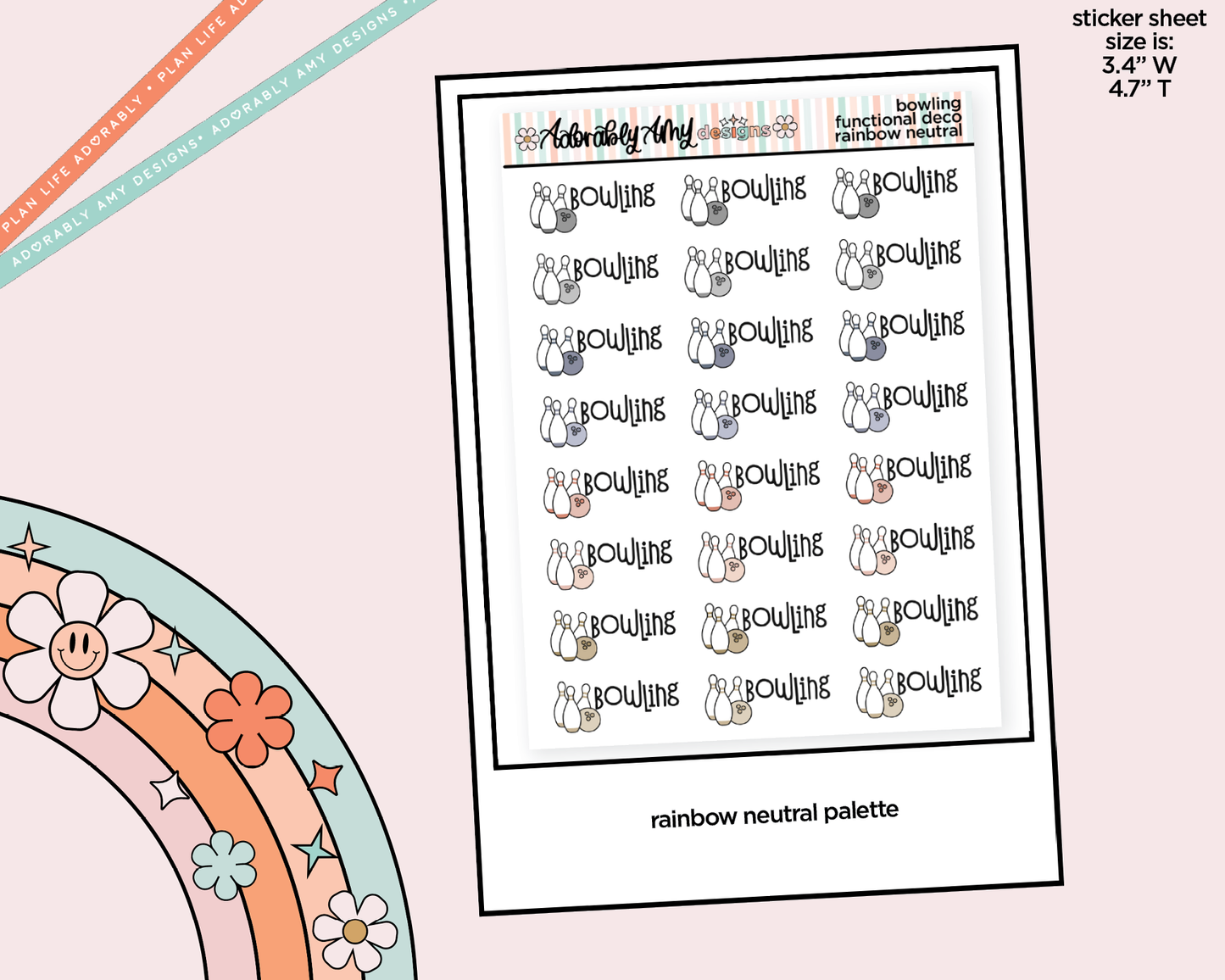 Rainbow Go Bowling Doodled Functional Typography Stickers - Adorably Amy Designs