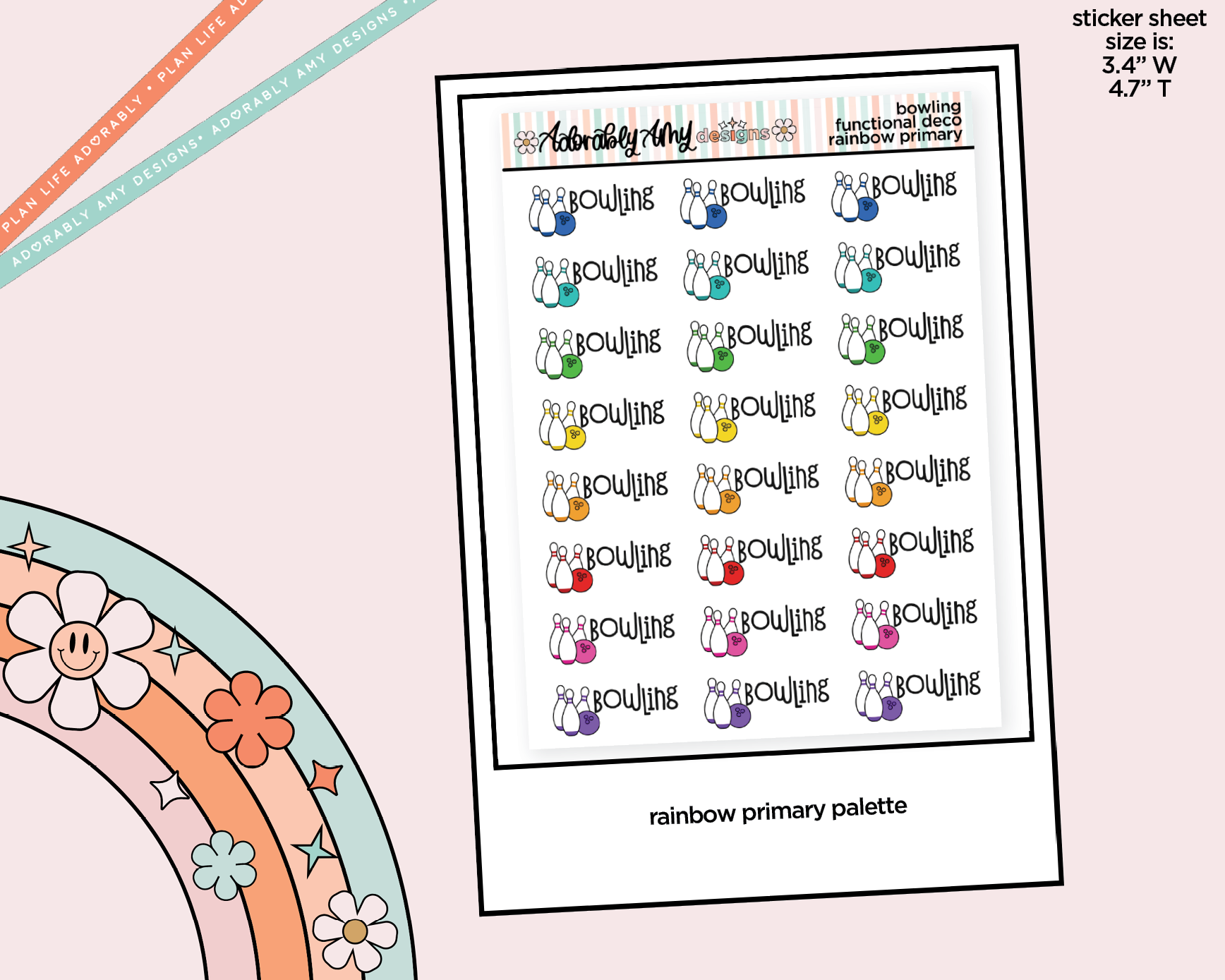Rainbow Go Bowling Doodled Functional Typography Stickers - Adorably Amy Designs