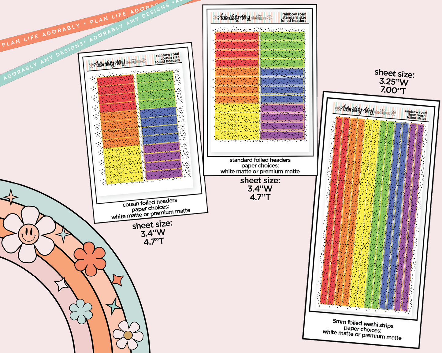 Foiled Rainbow Road Headers or Long Strips Planner Stickers for any Planner or Insert