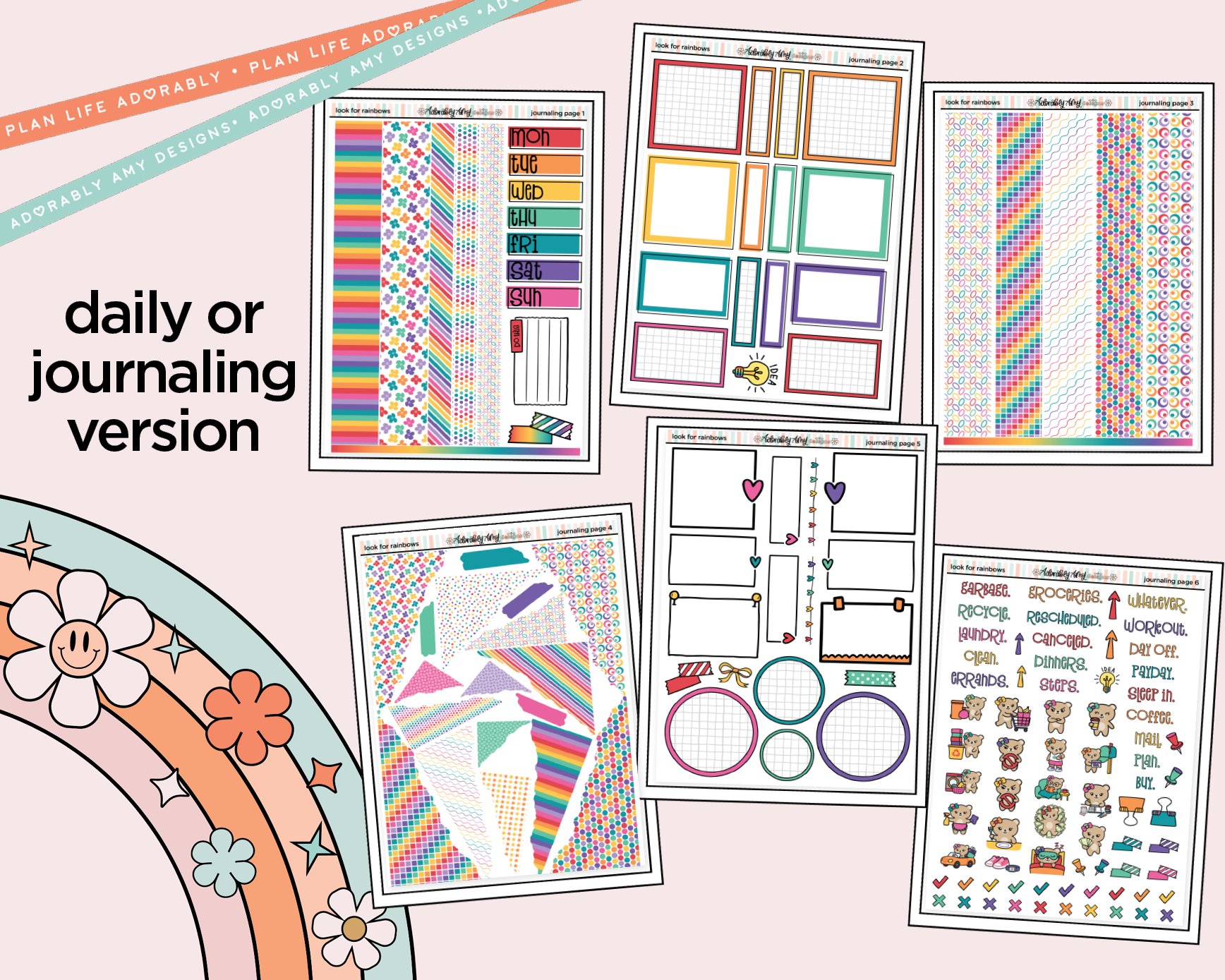 Journaling and Daily Planning Look for Rainbows Planner Sticker Kit - Adorably Amy Designs