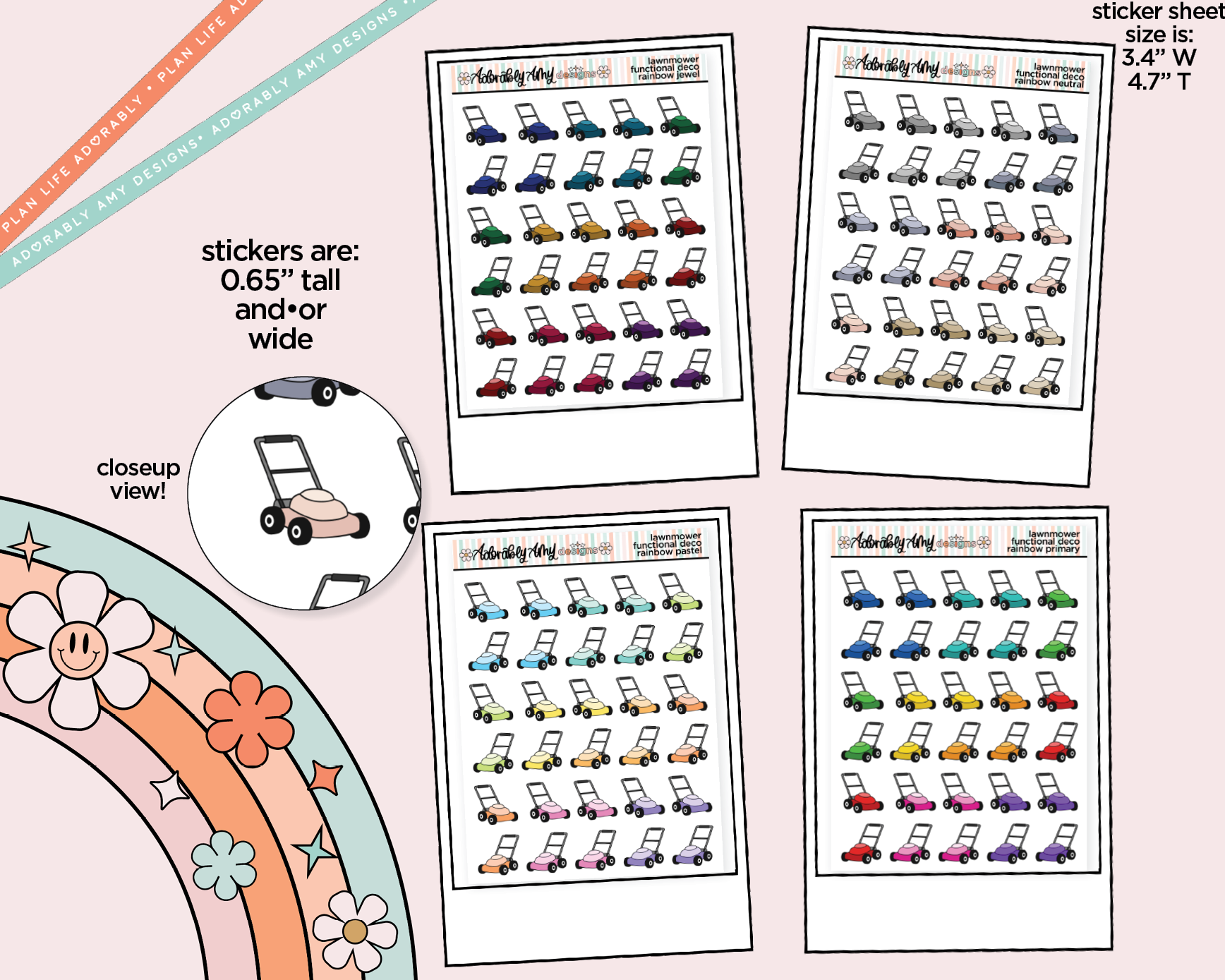 Rainbow Lawnmowers - Lawnwork Doodled Icon Stickers - Adorably Amy Designs