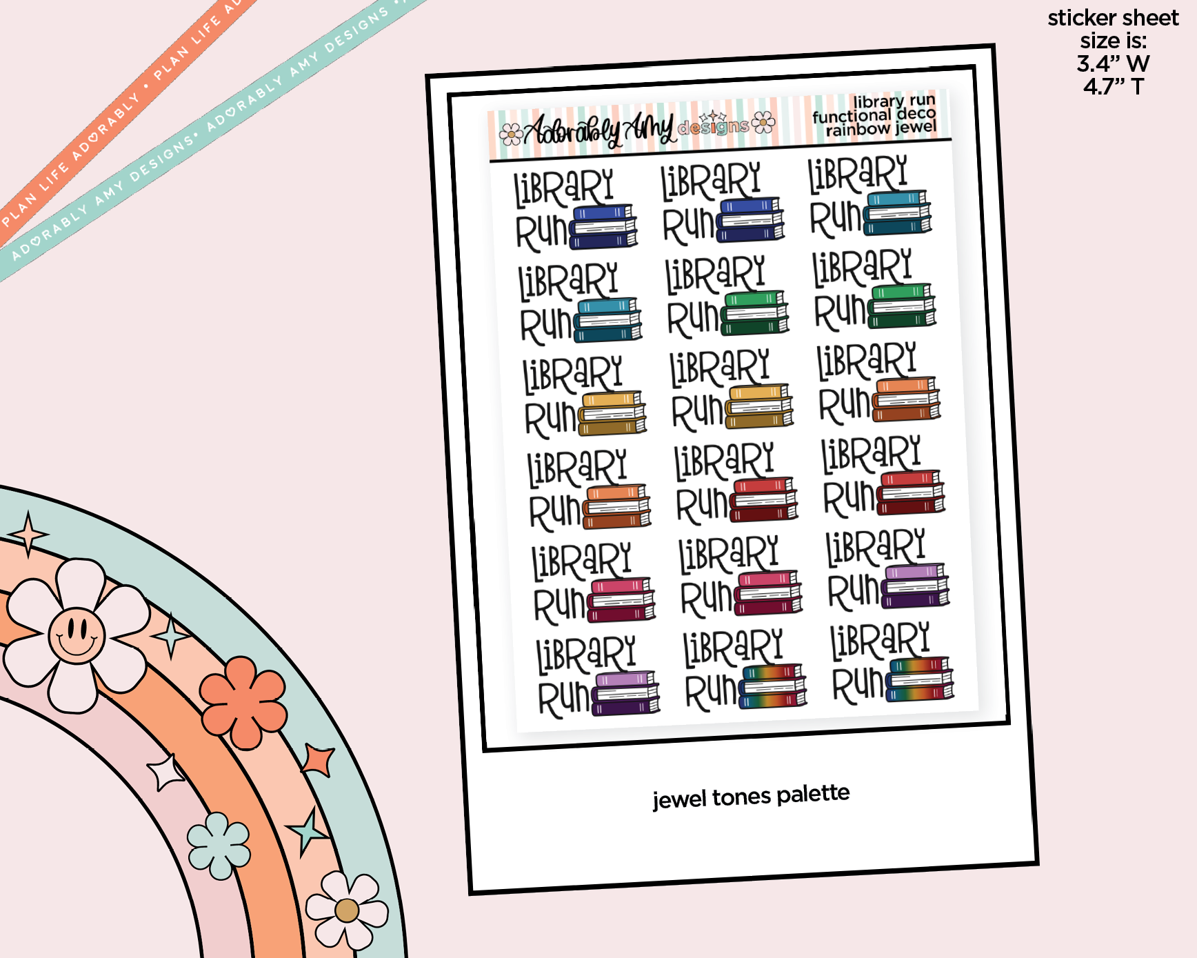 Rainbow Library Run Doodled Functional Typography Stickers - Adorably Amy Designs