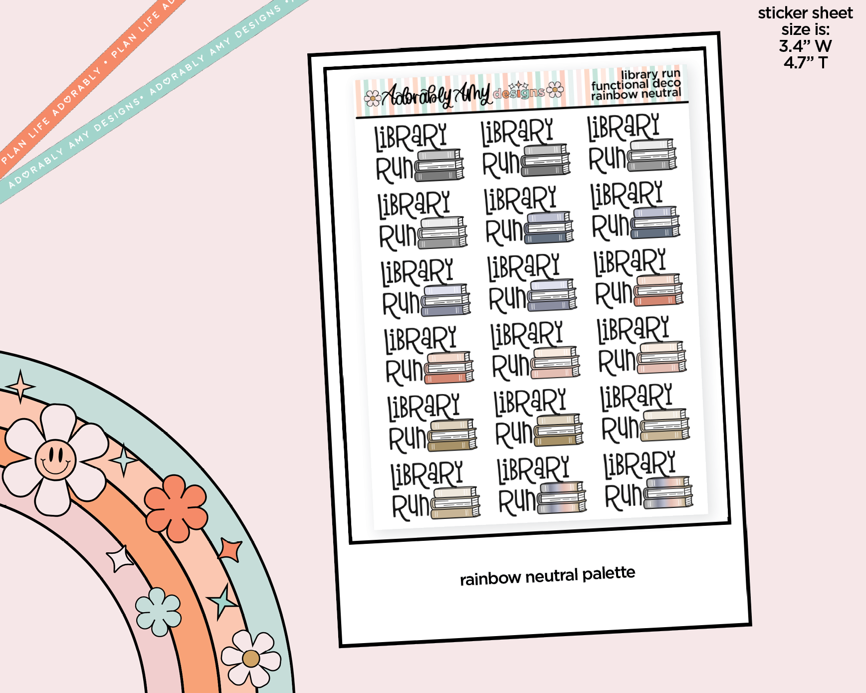 Rainbow Library Run Doodled Functional Typography Stickers - Adorably Amy Designs