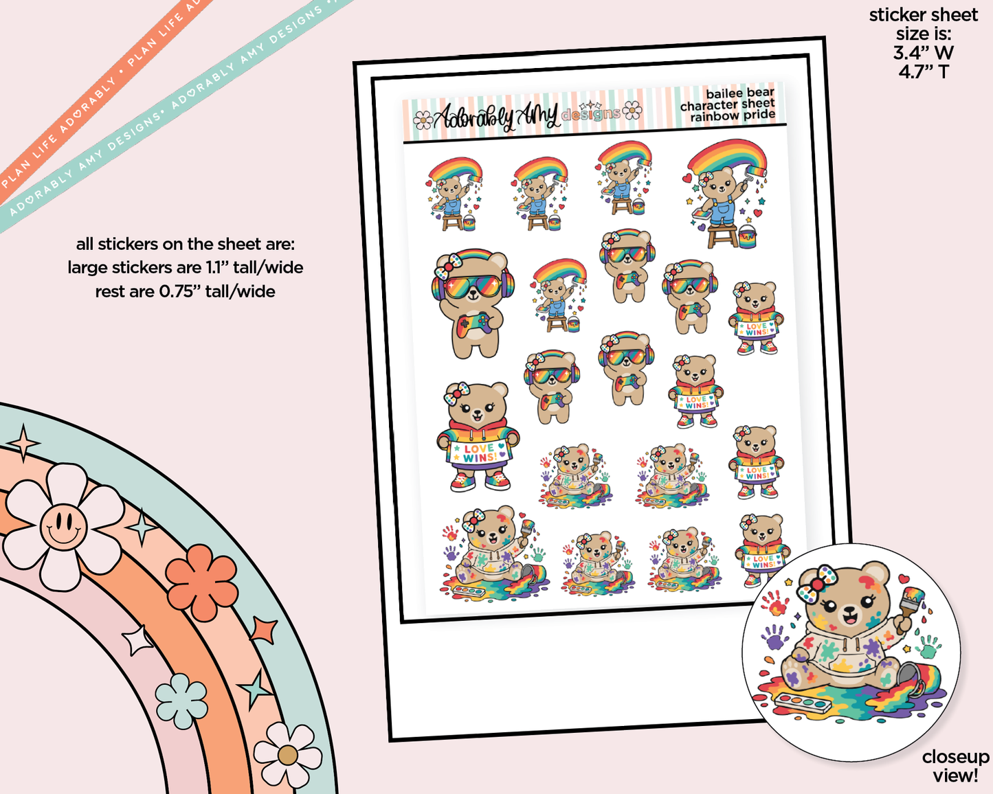 Bailee Bear Rainbow Pride Decoration Character Planner Stickers - Adorably Amy Designs