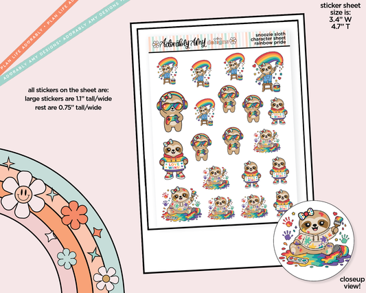 Snoozie Sloth Rainbow Pride Decoration Character Planner Stickers - Adorably Amy Designs