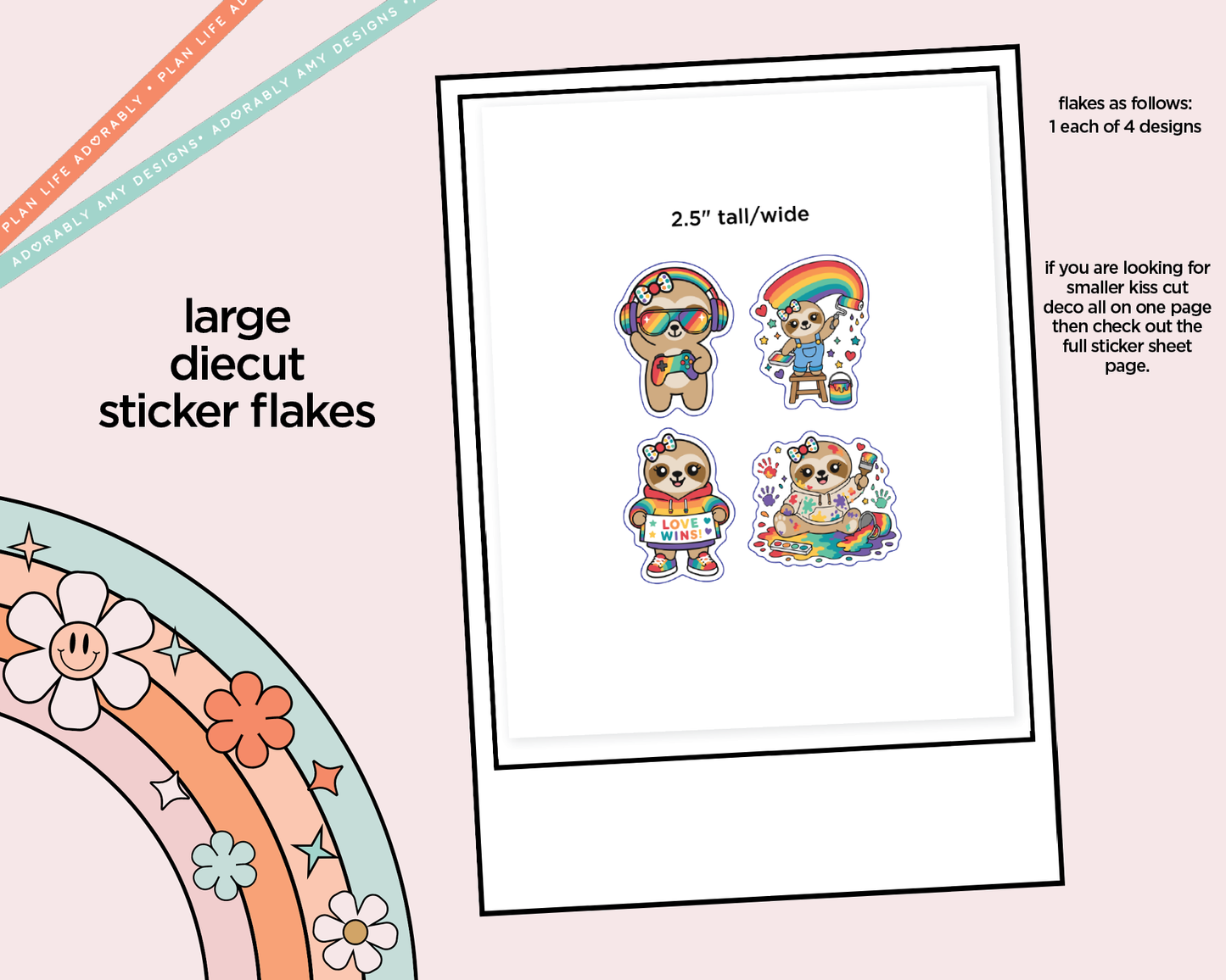 Snoozie Sloth Rainbow Pride Decoration Character Planner Stickers - Adorably Amy Designs