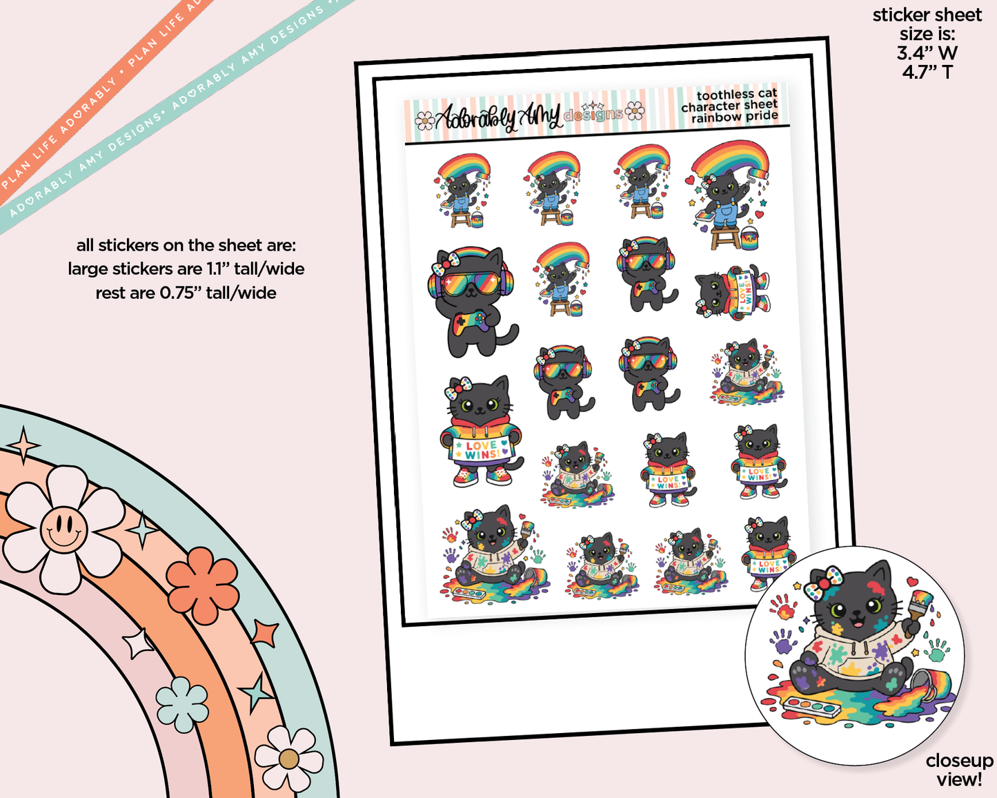 Toothless Cat Rainbow Pride Decoration Character Planner Stickers - Adorably Amy Designs