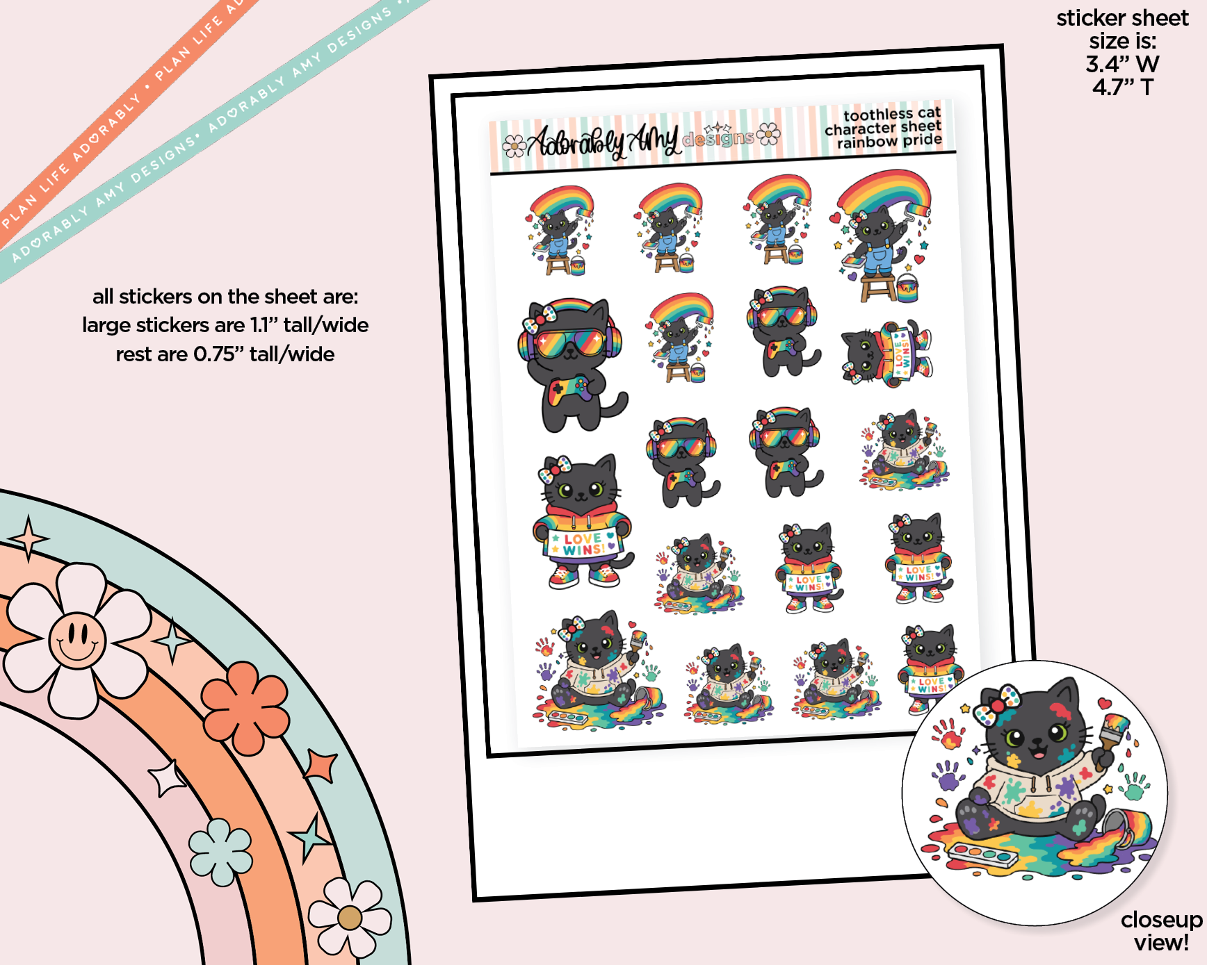 Toothless Cat Rainbow Pride Decoration Character Planner Stickers - Adorably Amy Designs