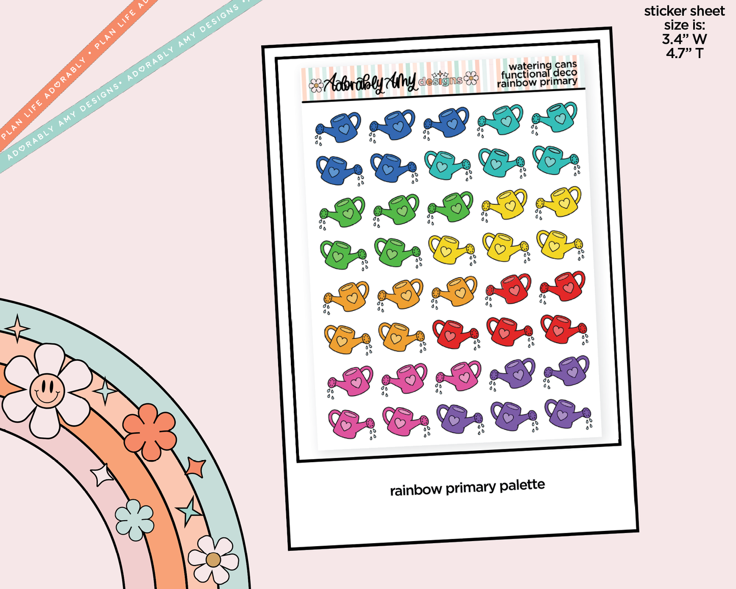 Rainbow Watering Cans Doodled Icon Stickers - Adorably Amy Designs