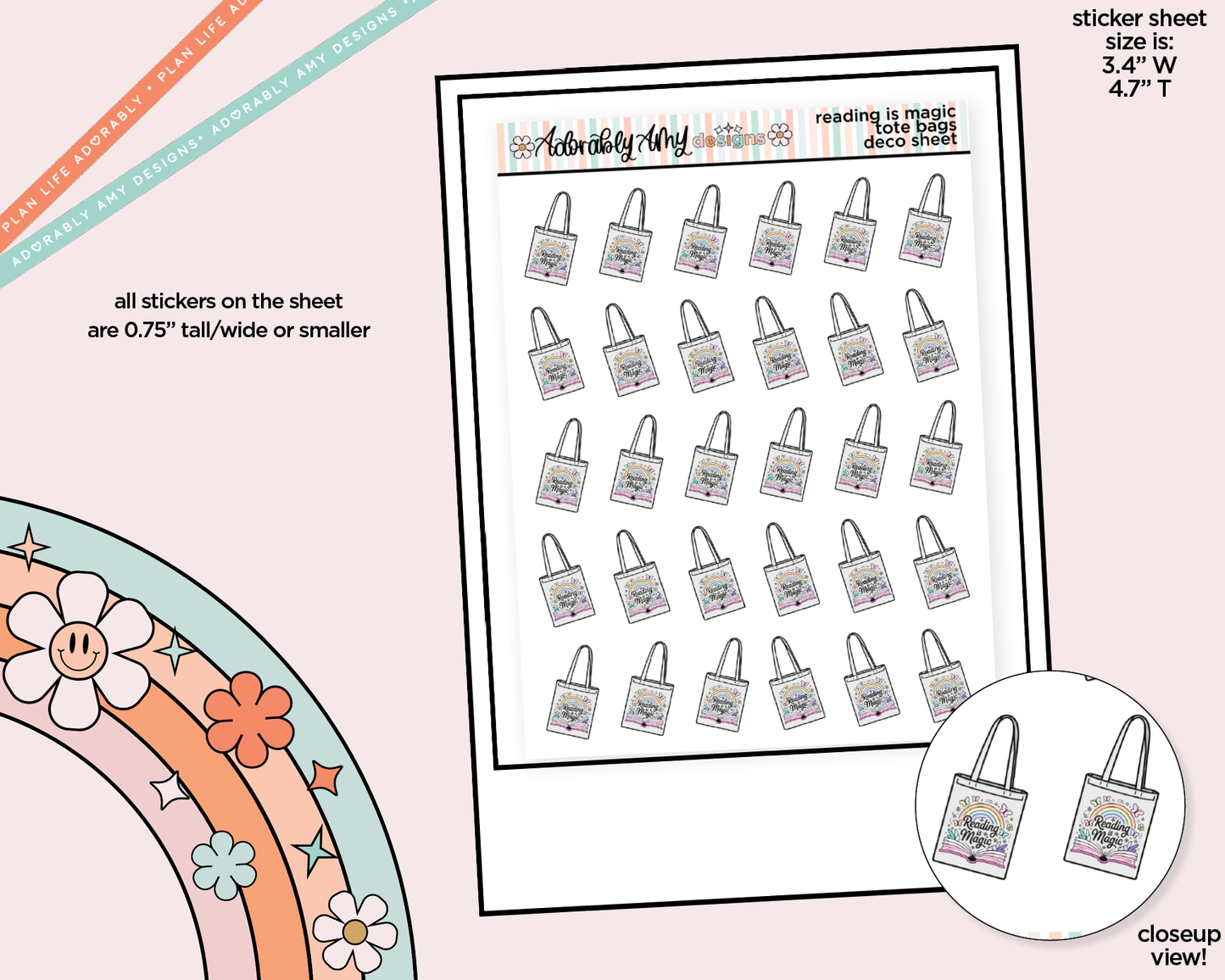 Reading is Magic Totebag Doodled Icon Stickers - Adorably Amy Designs