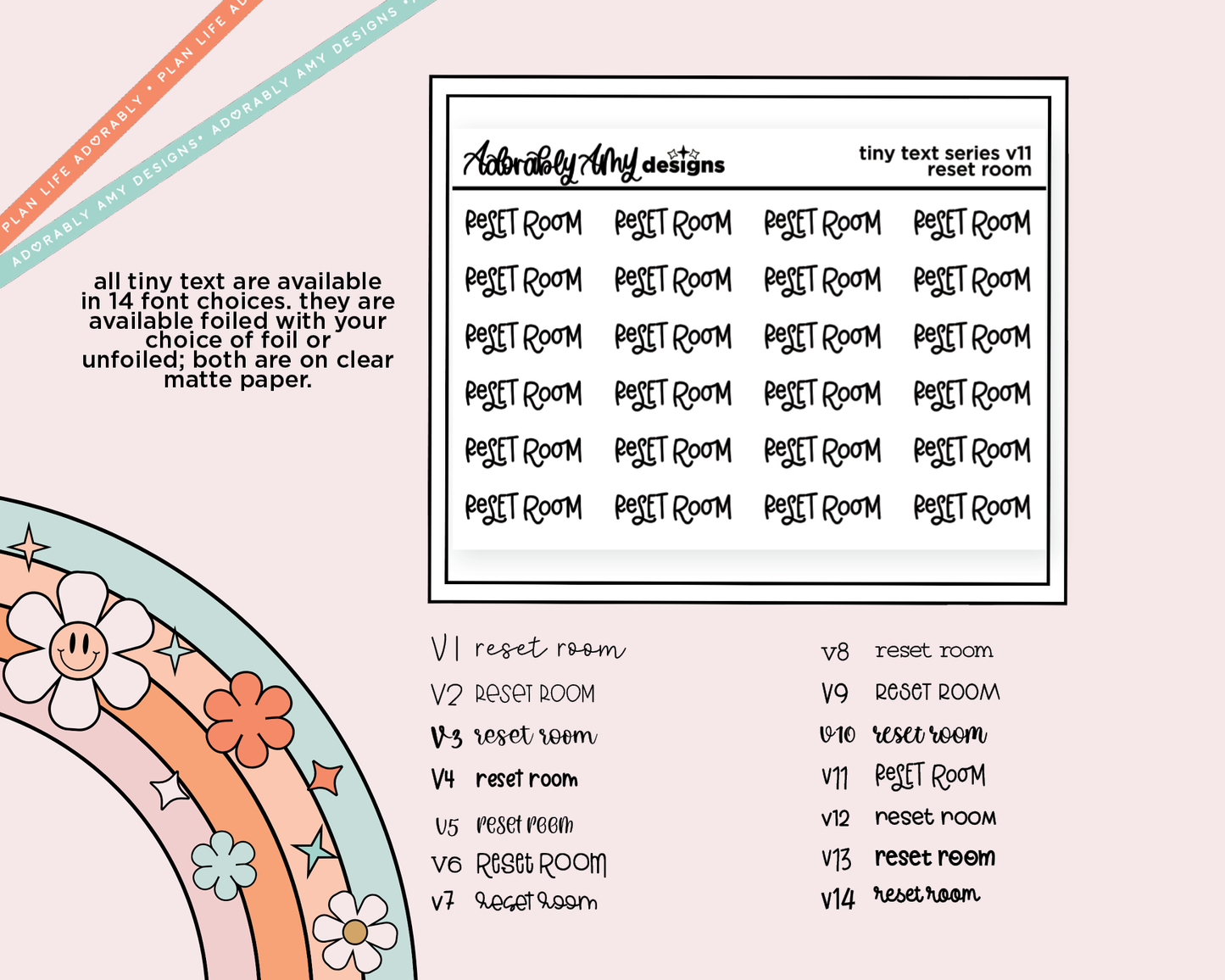 Foiled Tiny Text Series - Reset Room Checklist Size Planner Sticker Sheet - Adorably Amy Designs