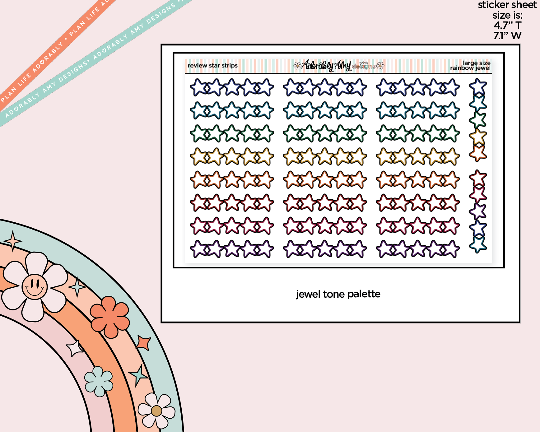 Rainbow Doodled Review Star Strips Large/Jumbo Size Stickers - Adorably Amy Designs