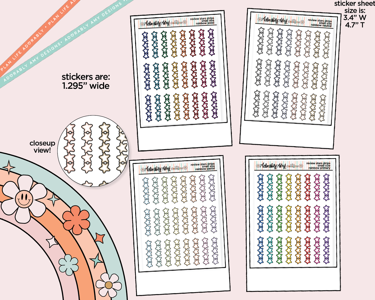 Rainbow Doodled Review Star Strips Small Size Planner Stickers - Adorably Amy Designs