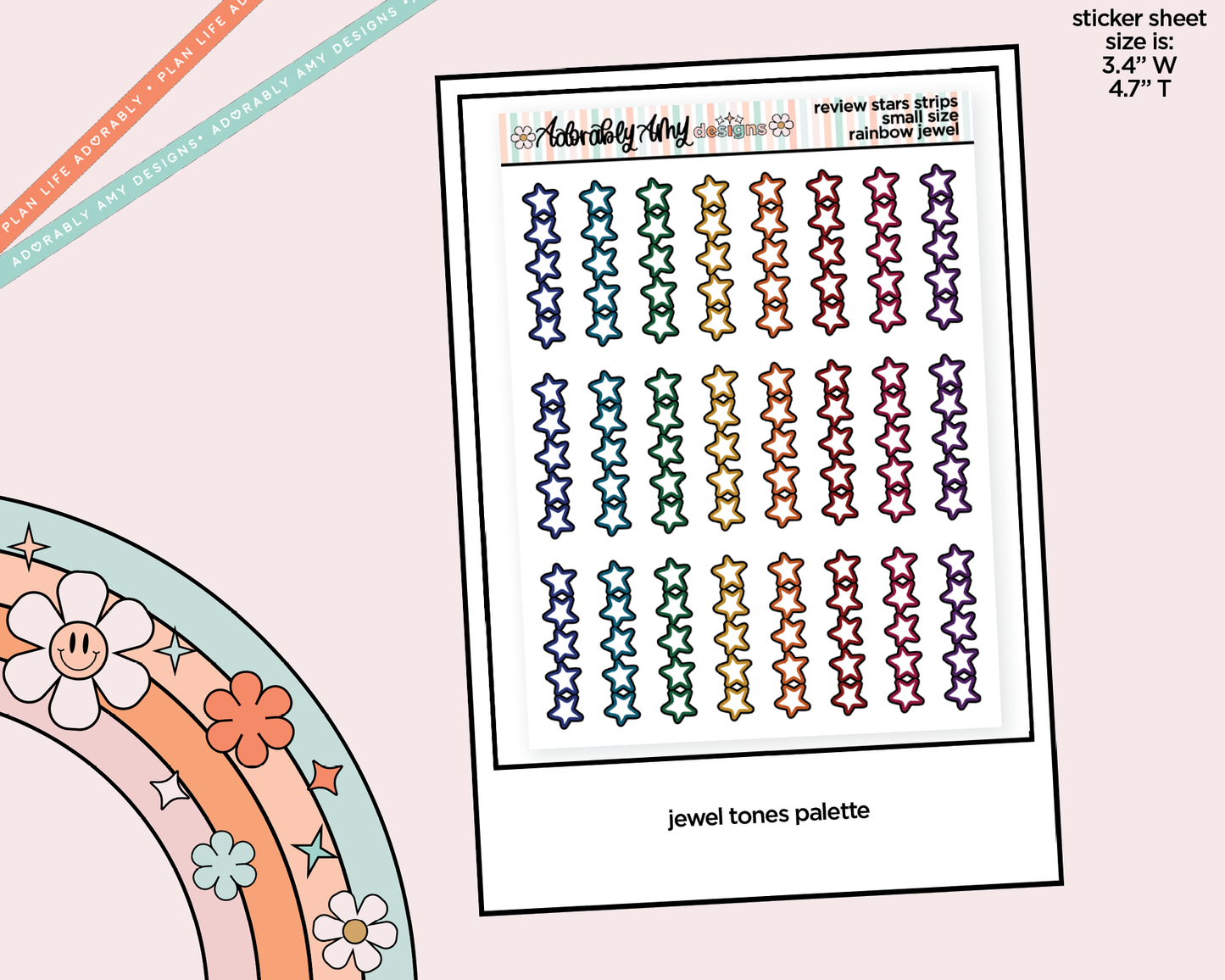 Rainbow Doodled Review Star Strips Small Size Planner Stickers - Adorably Amy Designs