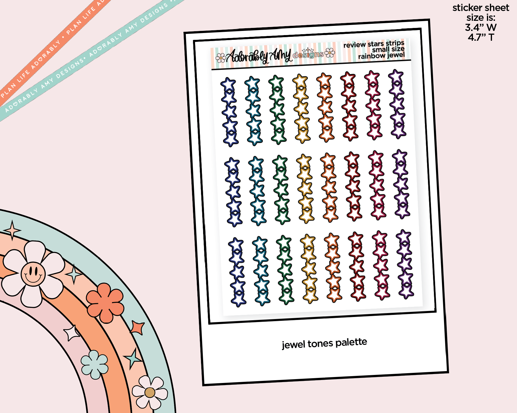 Rainbow Doodled Review Star Strips Small Size Planner Stickers - Adorably Amy Designs