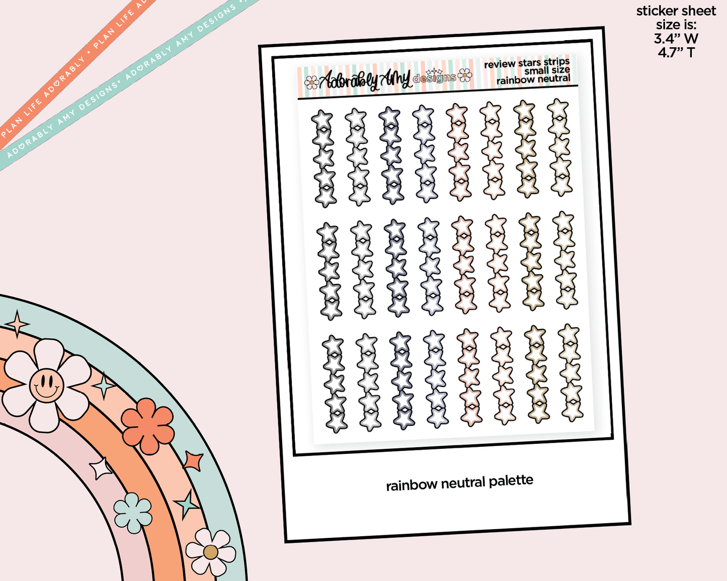 Rainbow Doodled Review Star Strips Small Size Planner Stickers - Adorably Amy Designs