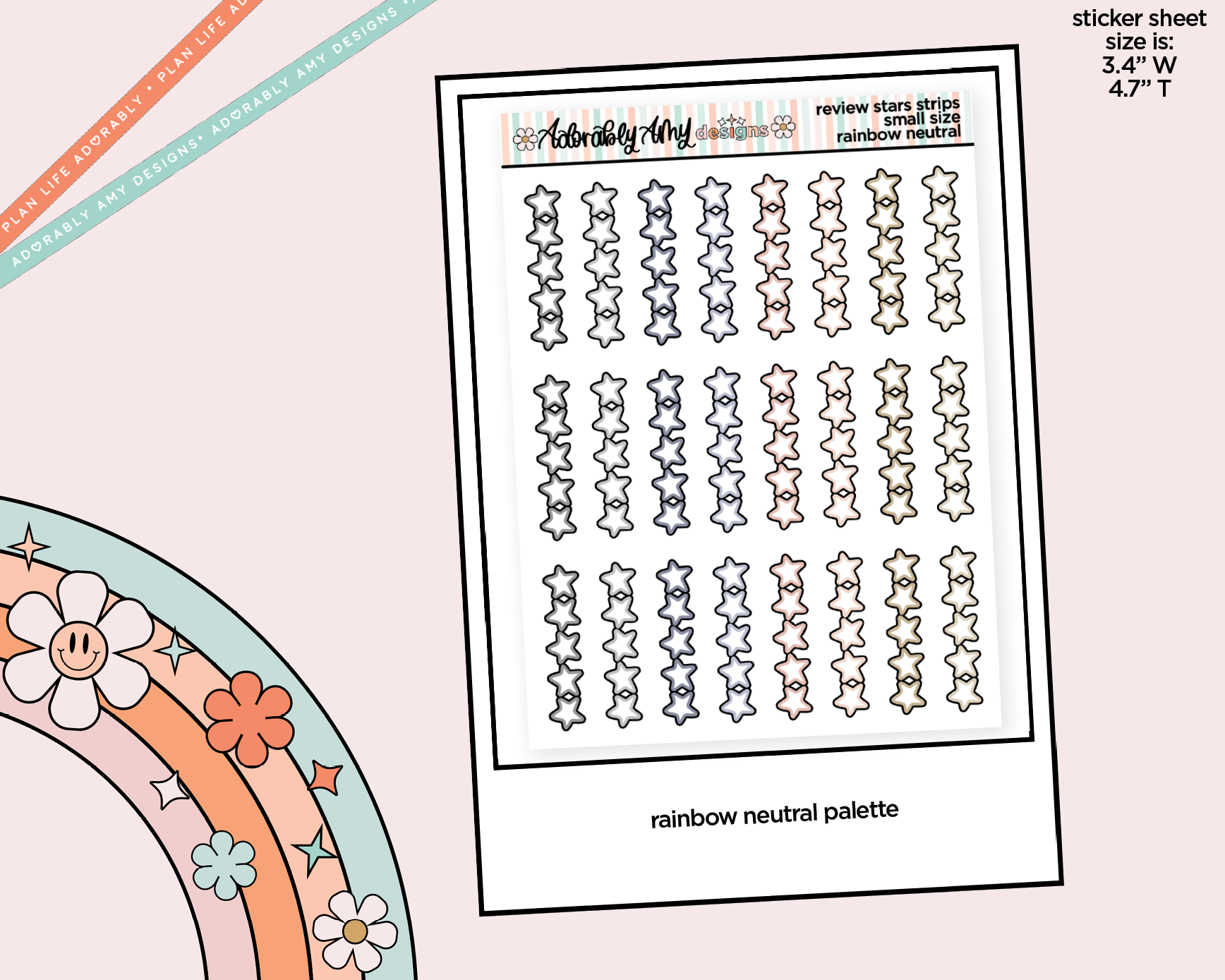 Rainbow Doodled Review Star Strips Small Size Planner Stickers - Adorably Amy Designs