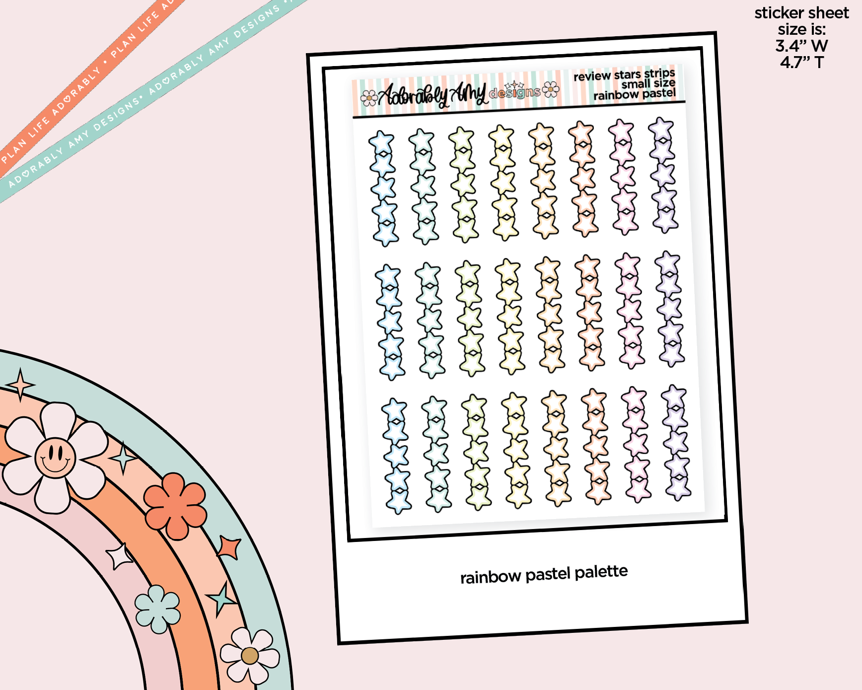 Rainbow Doodled Review Star Strips Small Size Planner Stickers - Adorably Amy Designs