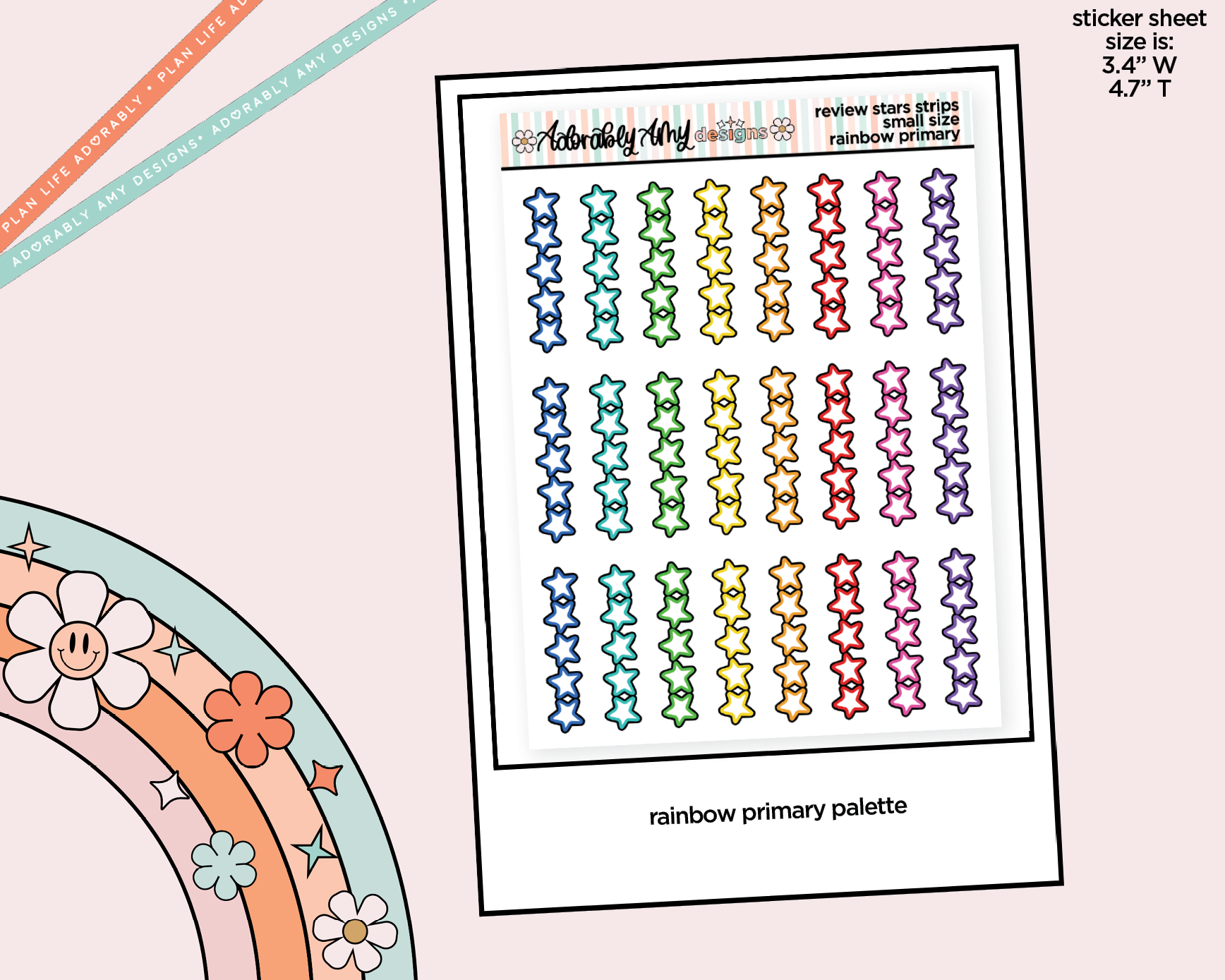 Rainbow Doodled Review Star Strips Small Size Planner Stickers - Adorably Amy Designs