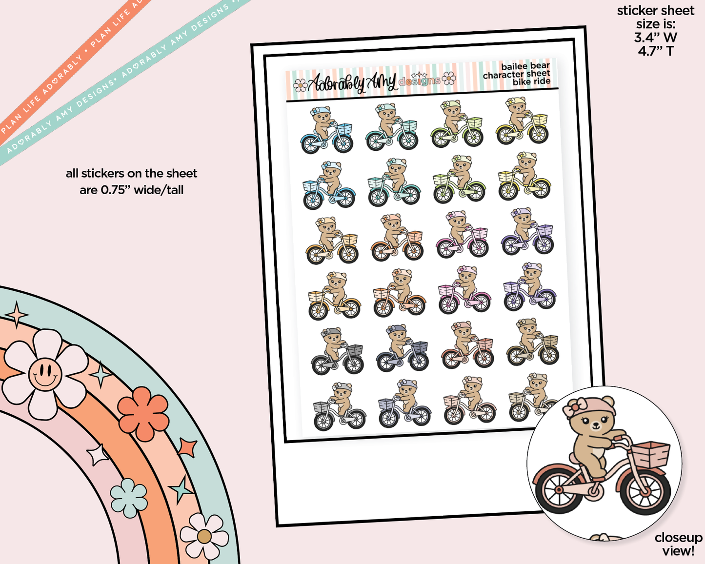 Bailee Bear Bike Ride Decoration Character Planner Stickers - Adorably Amy Designs