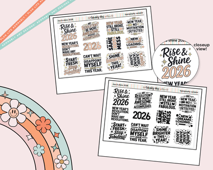 Rise & Shine 2026 New Years Deco Typography Sampler Planner Stickers