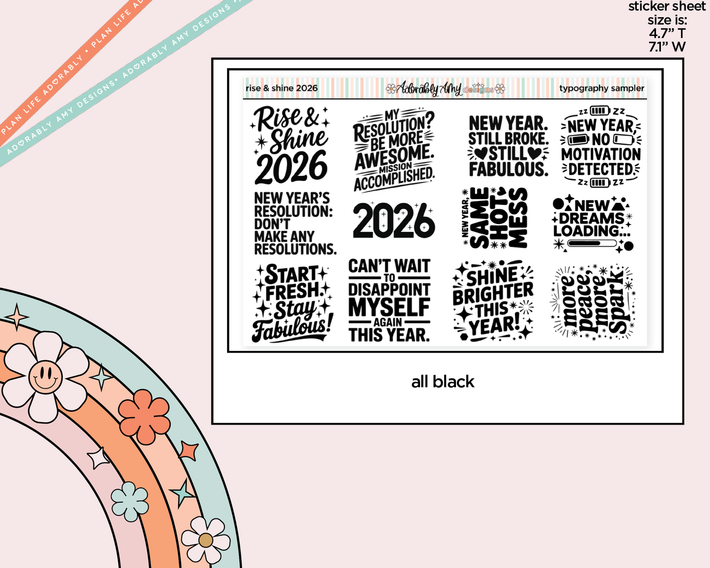 Rise & Shine 2026 New Years Deco Typography Sampler Planner Stickers