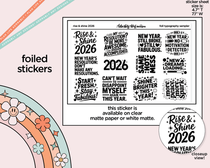 Foiled Rise & Shine 2026 New Years Deco Typography Sampler Planner Stickers
