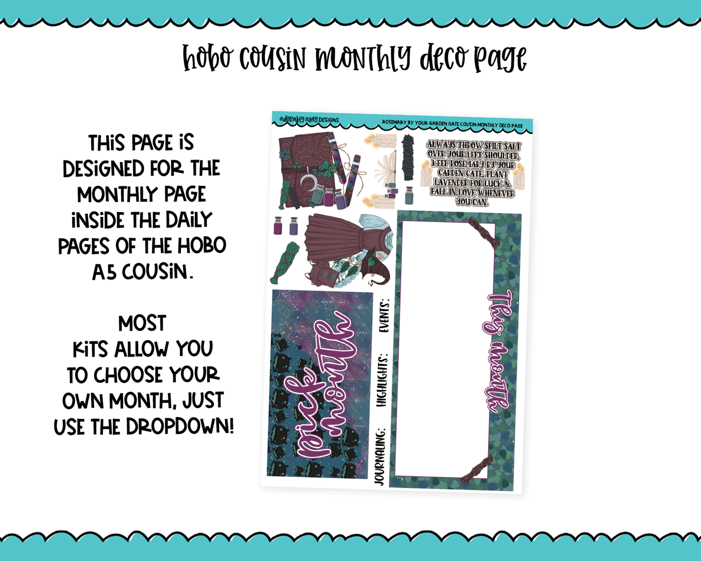 Hobonichi Cousin Monthly Pick Your Month Rosemary by Your Garden Gate Forest Witch Themed Planner Sticker Kit for Hobo Cousin or Similar Planners