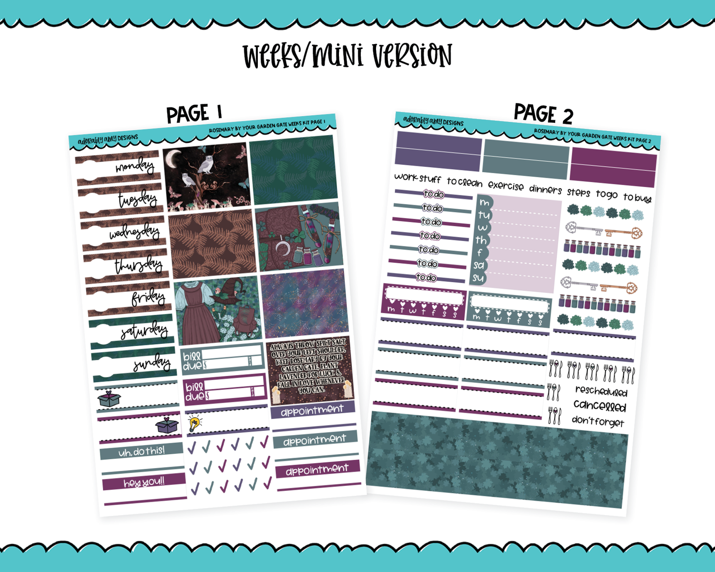Mini B6 Rosemary by Your Garden Gate Forest Witch Themed Weekly Planner Sticker Kit sized for ANY Vertical Insert