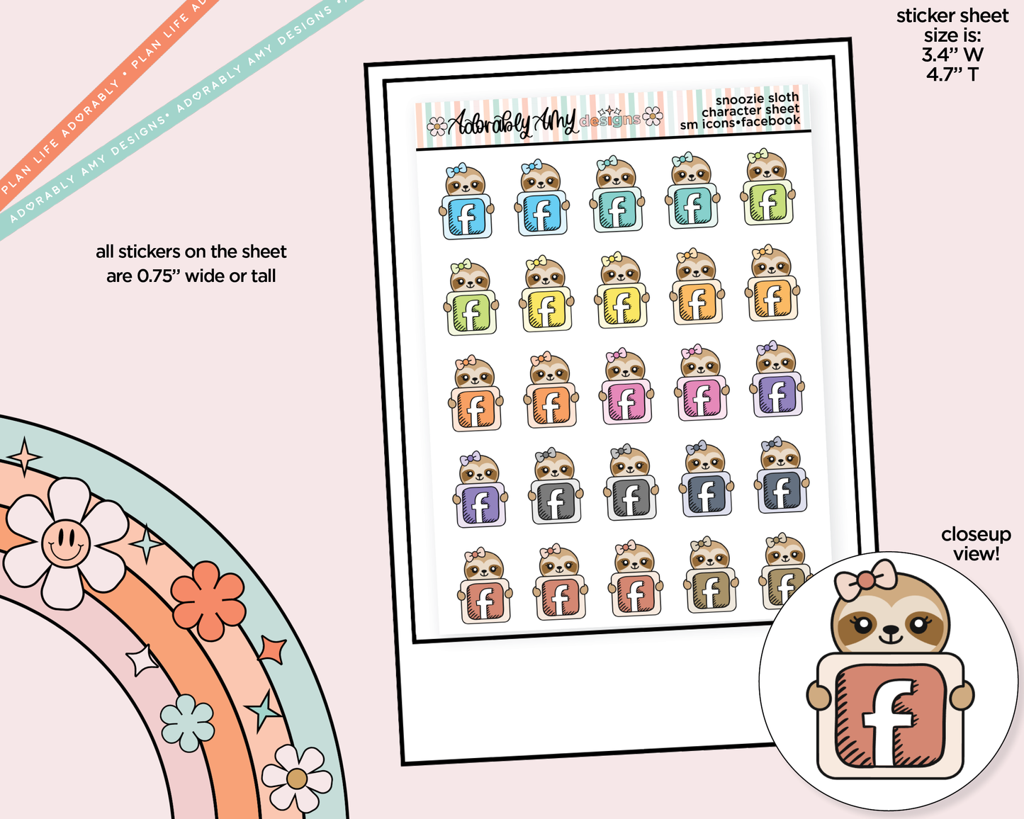 Snoozie Sloth Social Media Icons Series - Facebook Decoration Character Planner Stickers