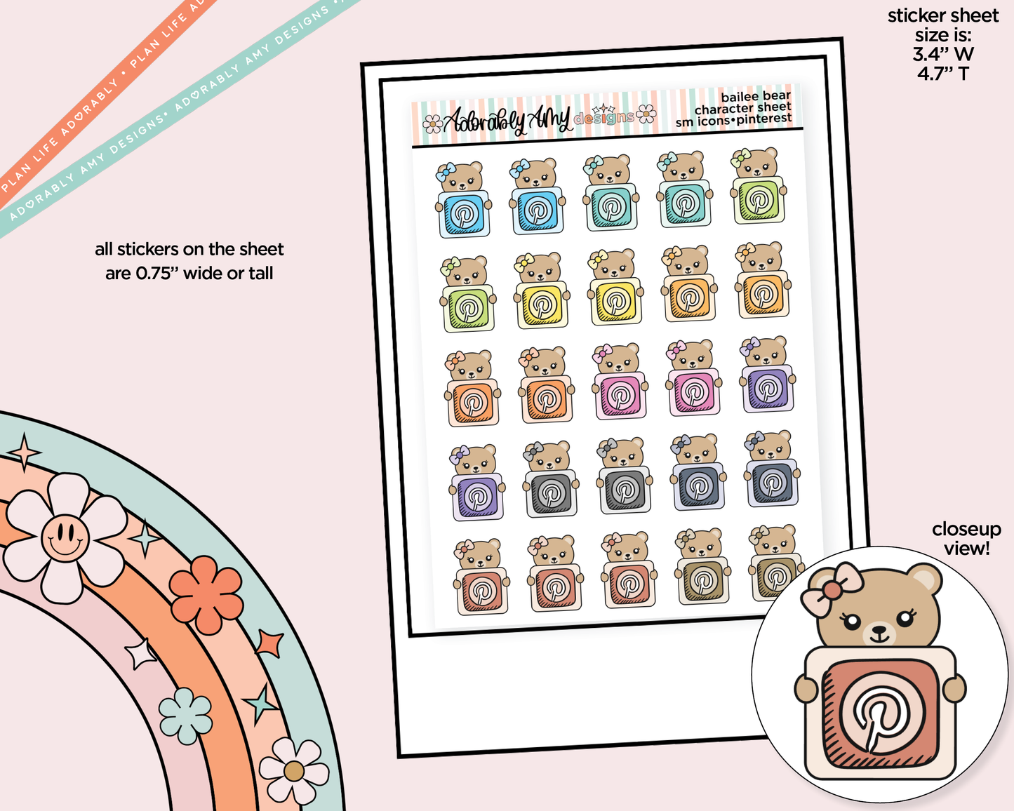 Bailee Bear Social Media Icons Series - Pinterest Decoration Character Planner Stickers