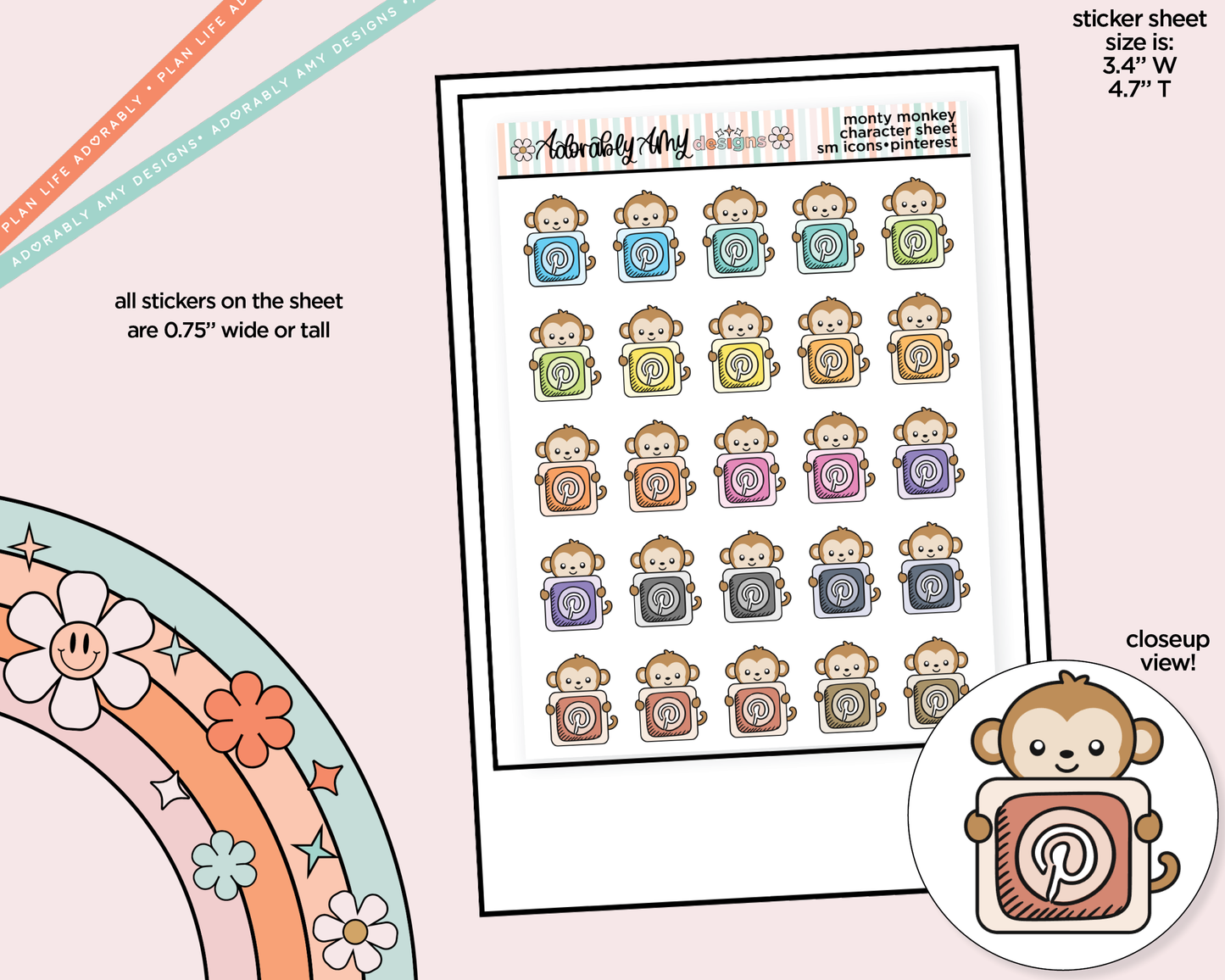 Monty the Monkey Social Media Icons Series - Pinterest Decoration Character Planner Stickers