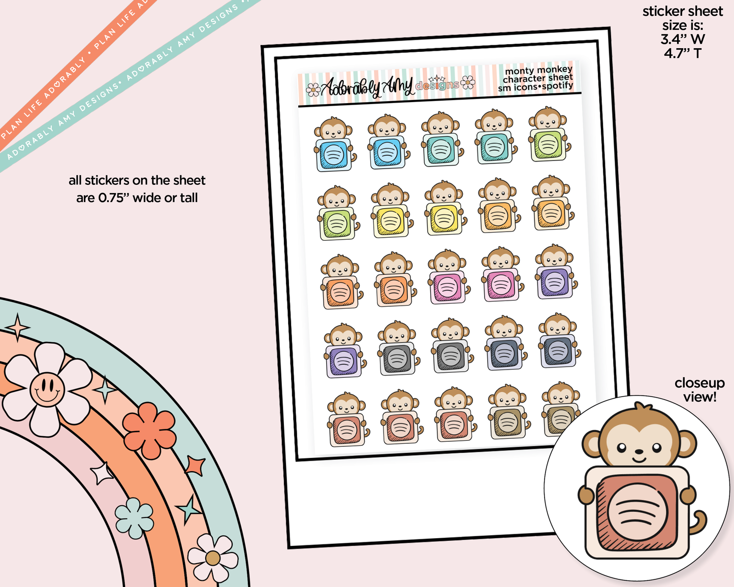 Monty the Monkey Social Media Icons Series - Spotify Decoration Character Planner Stickers