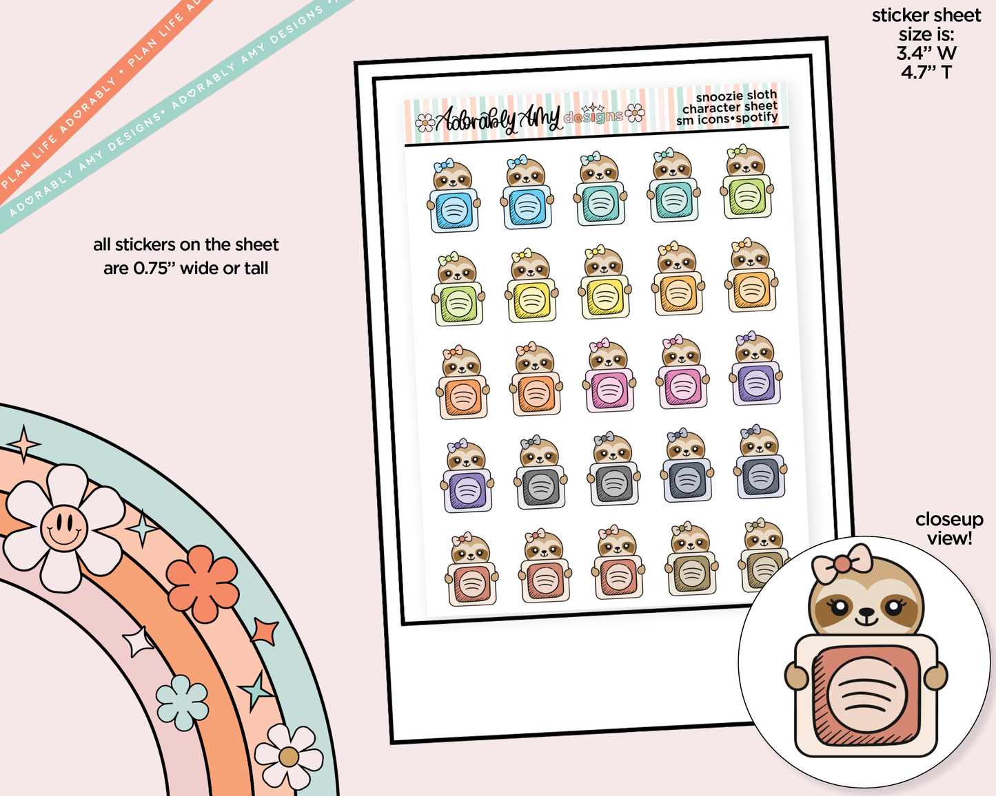 Snoozie Sloth Social Media Icons Series - Spotify Decoration Character Planner Stickers
