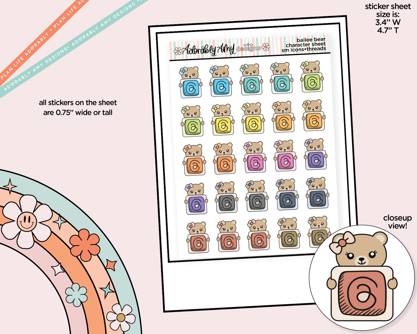 Bailee Bear Social Media Icons Series - Threads Decoration Character Planner Stickers