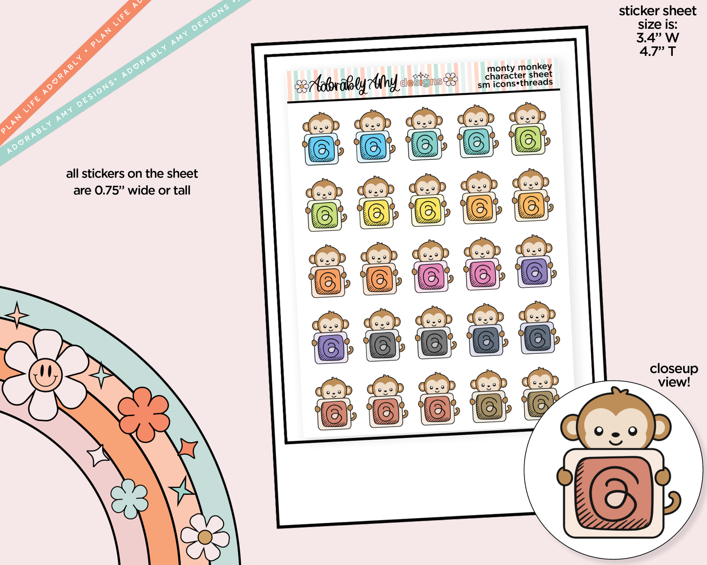 Monty the Monkey Social Media Icons Series - Threads Decoration Character Planner Stickers