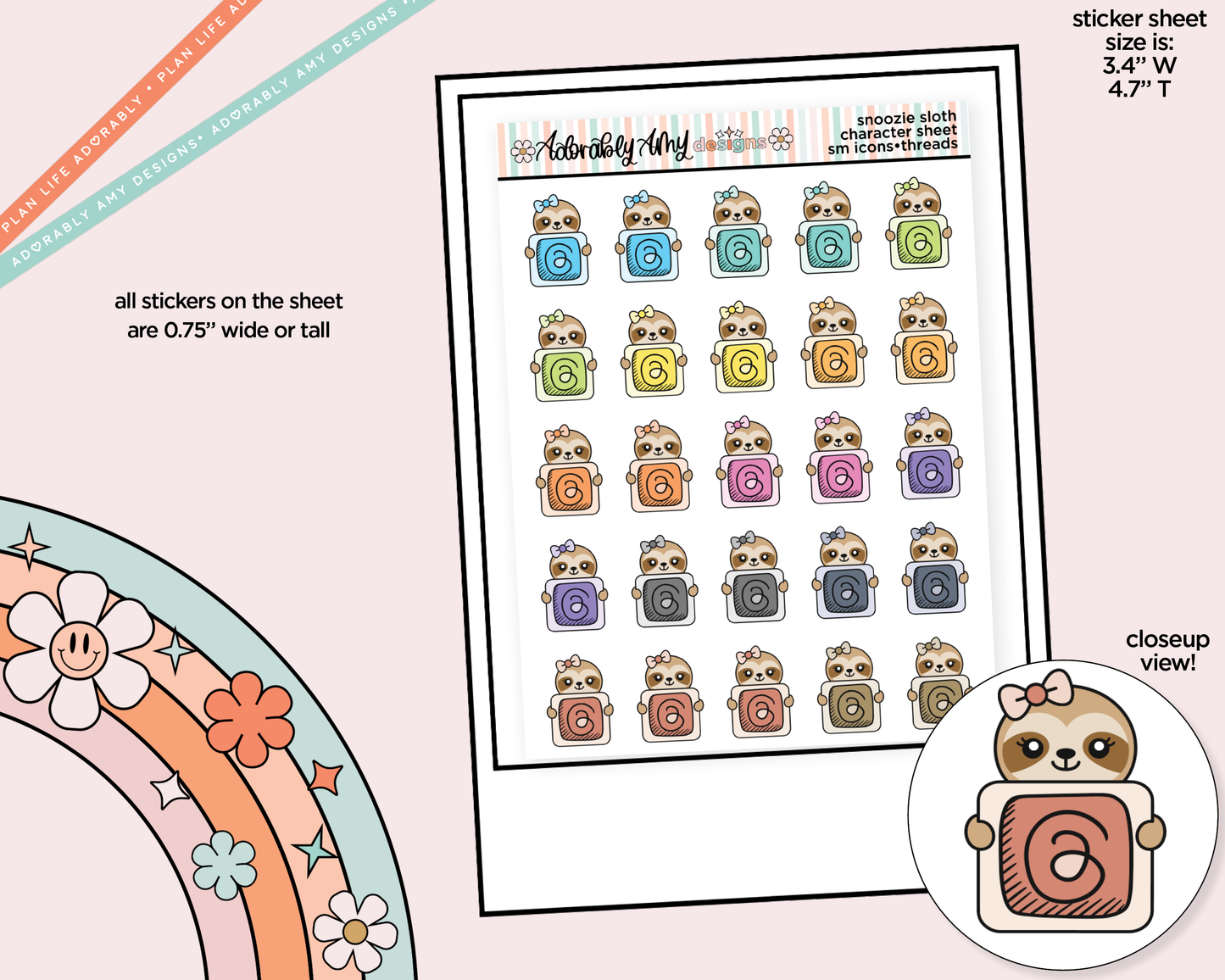Snoozie Sloth Social Media Icons Series - Threads Decoration Character Planner Stickers