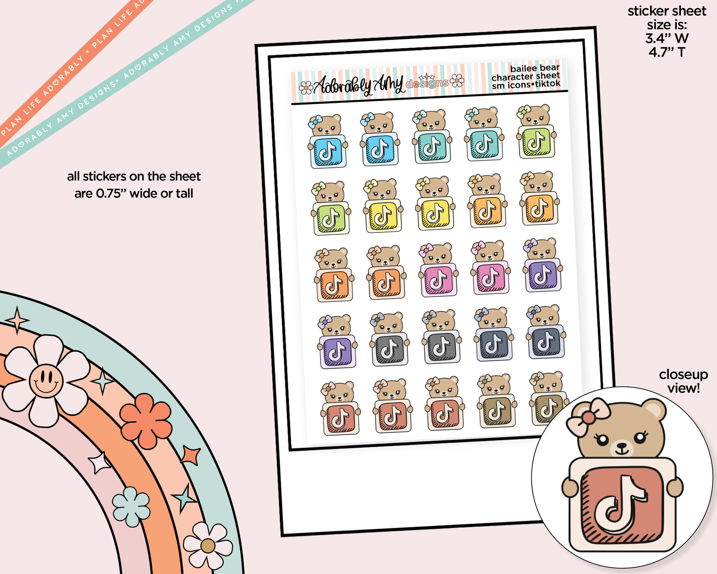 Bailee Bear Social Media Icons Series - TikTok Decoration Character Planner Stickers
