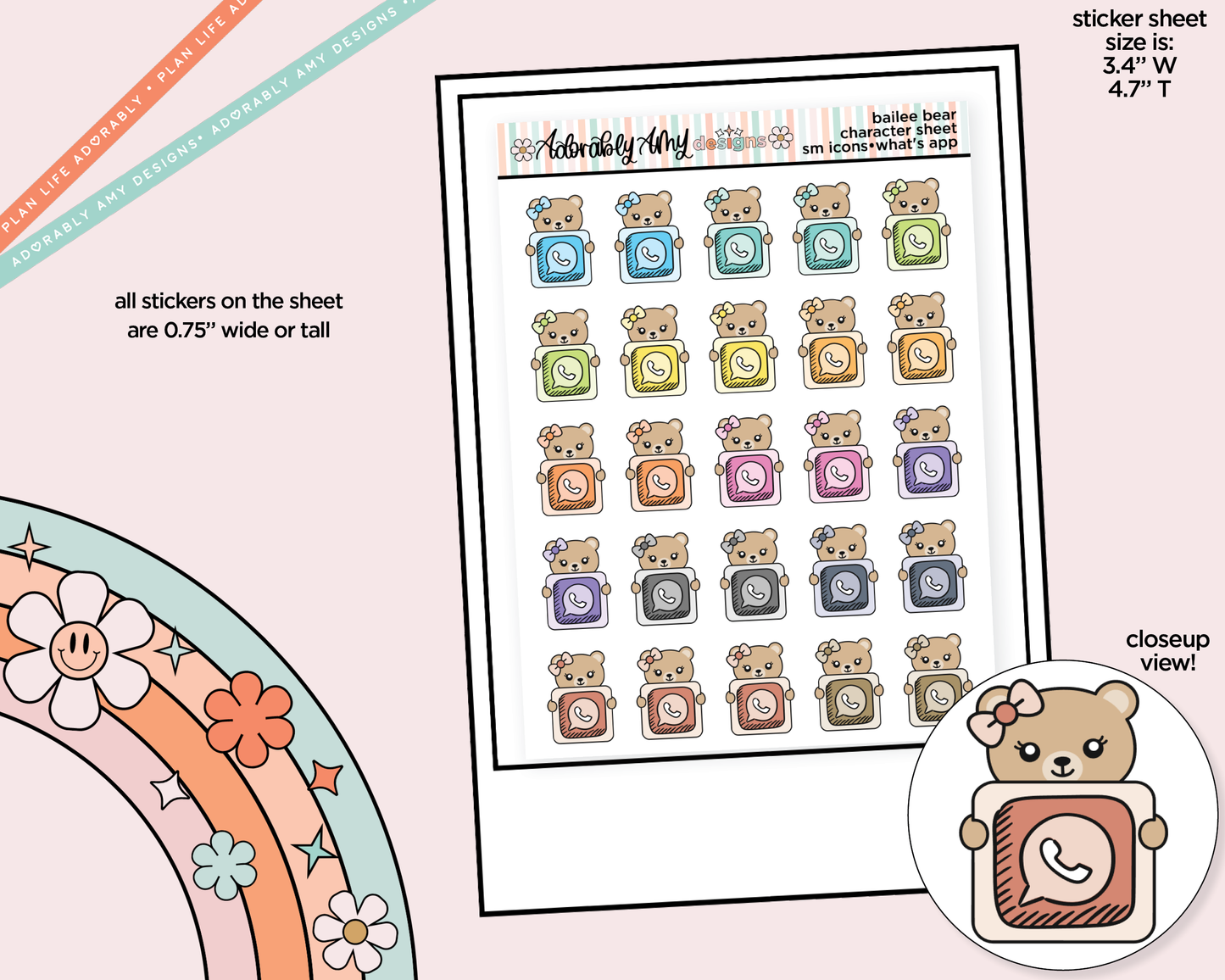 Bailee Bear Social Media Icons Series - What's App Decoration Character Planner Stickers