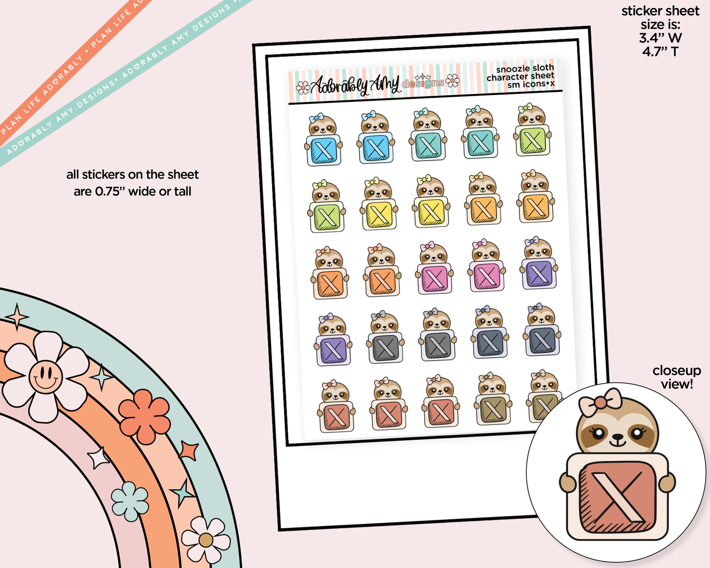 Snoozie Sloth Social Media Icons Series - X Decoration Character Planner Stickers
