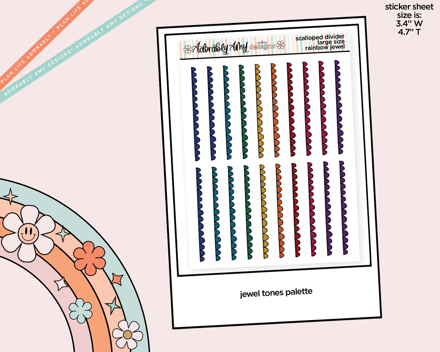 Rainbow Doodled Scalloped Edge Dividers Deco Large/Jumbo Size Stickers for any Planner or Insert