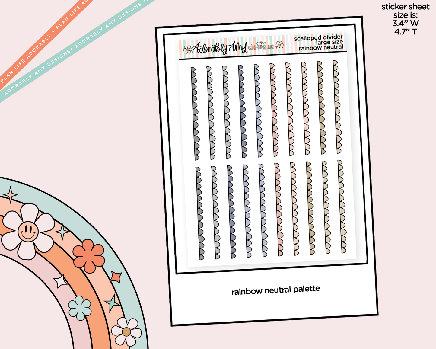 Rainbow Doodled Scalloped Edge Dividers Deco Large/Jumbo Size Stickers for any Planner or Insert