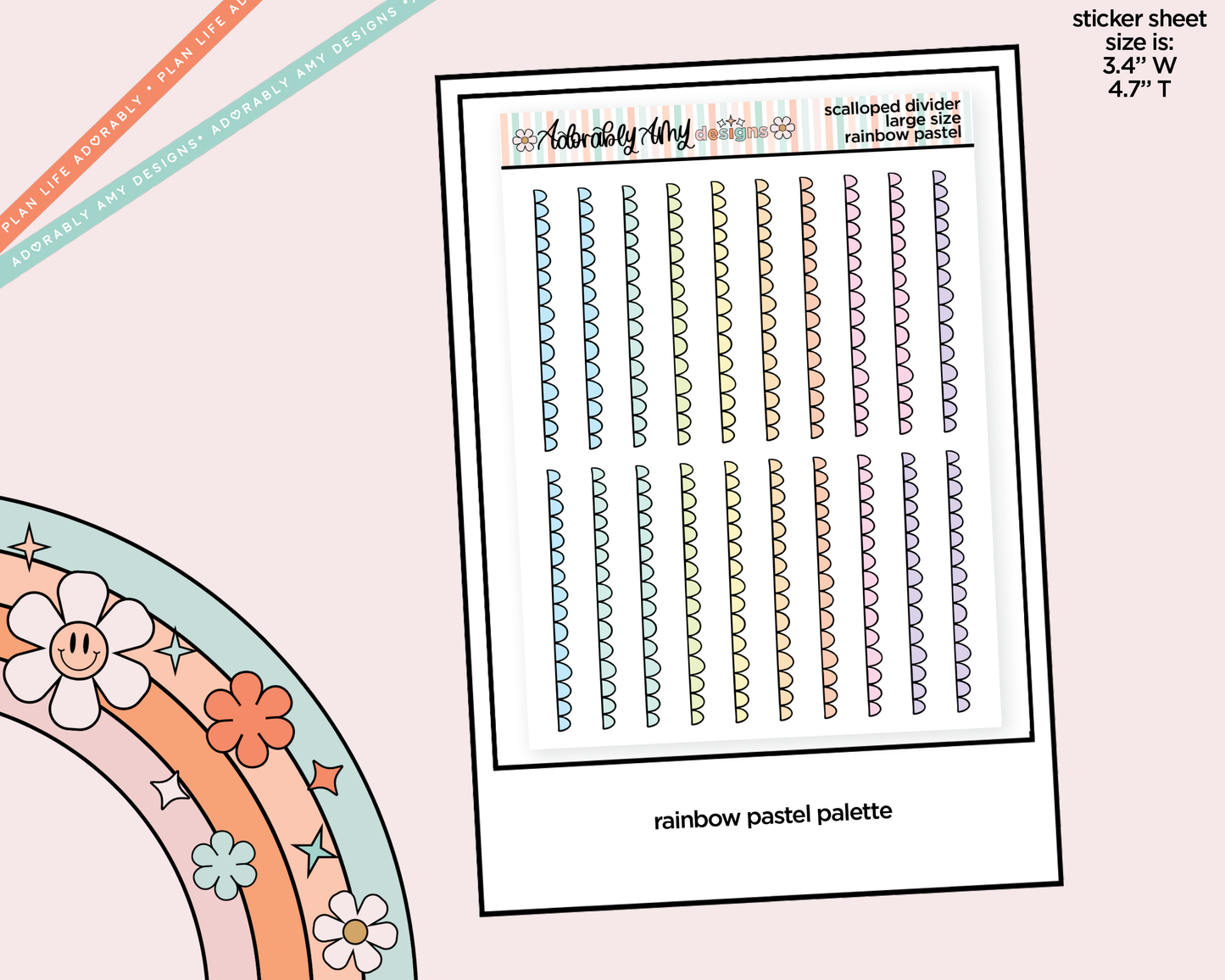 Rainbow Doodled Scalloped Edge Dividers Deco Large/Jumbo Size Stickers for any Planner or Insert