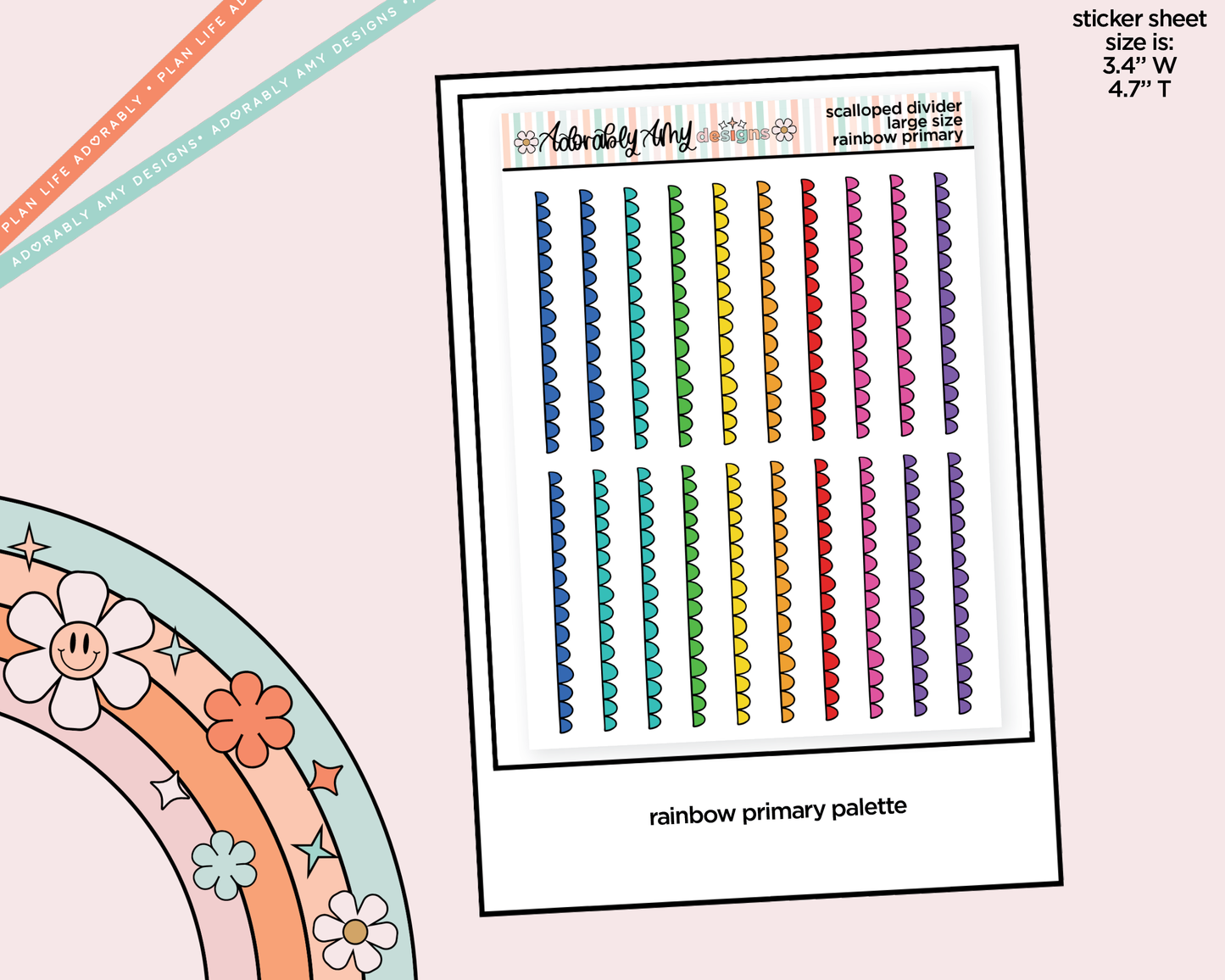 Rainbow Doodled Scalloped Edge Dividers Deco Large/Jumbo Size Stickers for any Planner or Insert