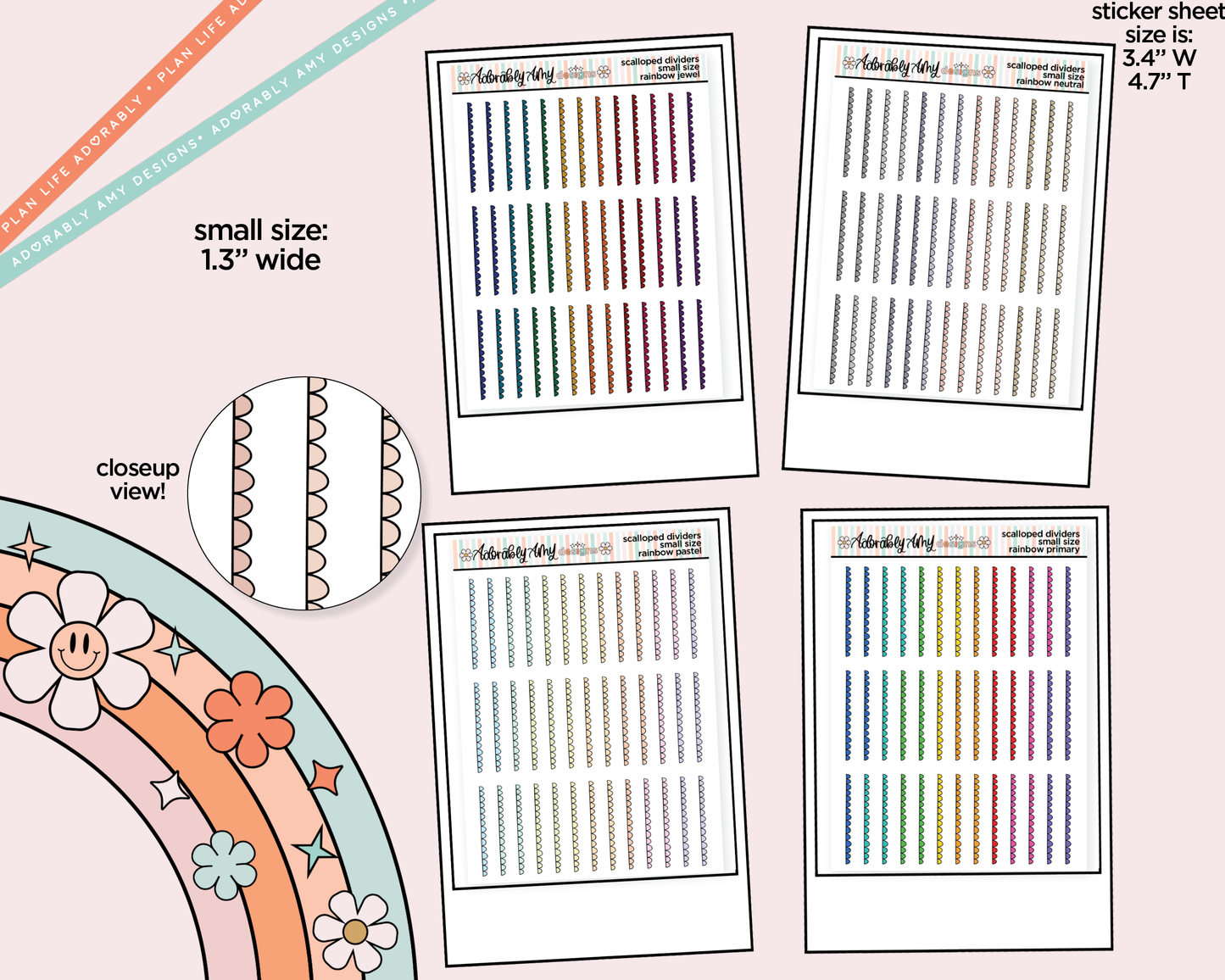 Rainbow Doodled Scallop Dividers Deco Small Size Stickers for any Planner or Insert