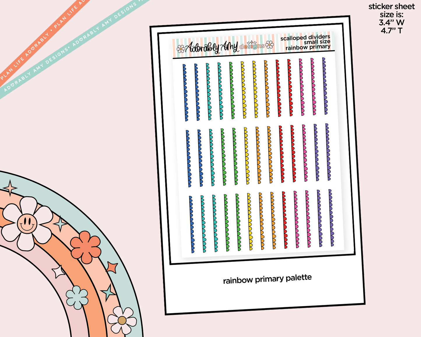 Rainbow Doodled Scallop Dividers Deco Small Size Stickers for any Planner or Insert