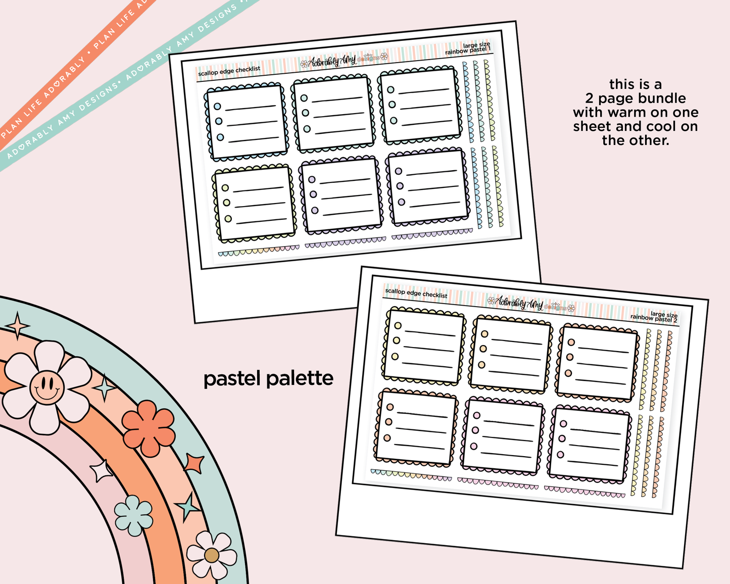 Rainbow Doodled Scalloped Edge Checklist Boxes Large/Jumbo Size Planner Stickers
